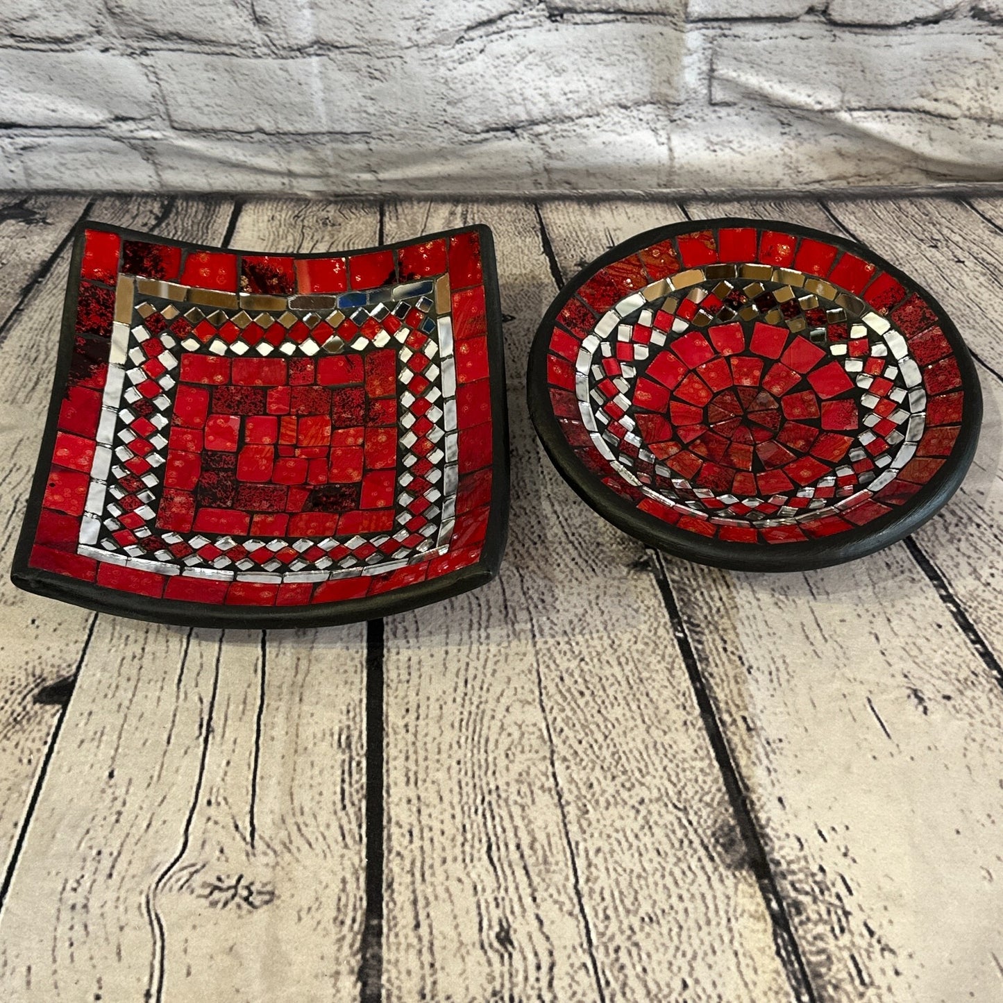 35cm Red Round Mosaic Handmade Ceramic Glass Tile Bowl Fruit