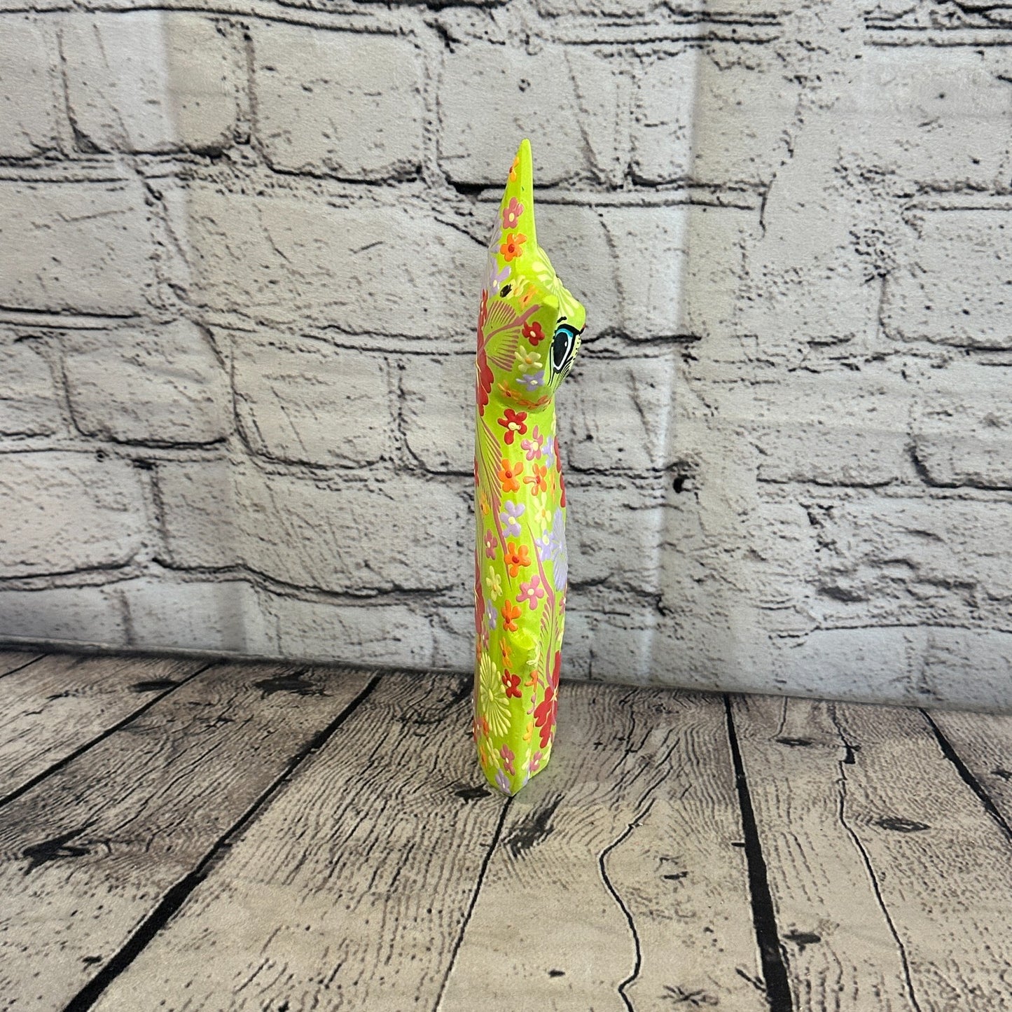 Green Flat Back Wooden Cat With Flower Pattern 25cm x 8cm Handmade and Fairtrade
