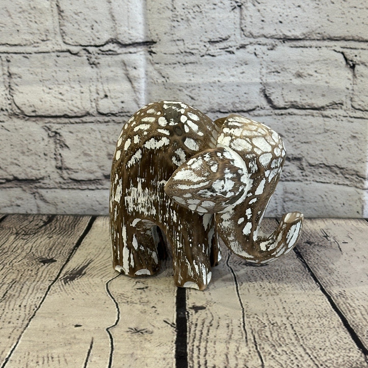 Brown Wooden Elephant With Shabby Pattern 12cm x 12cm Handmade and Fairtrade