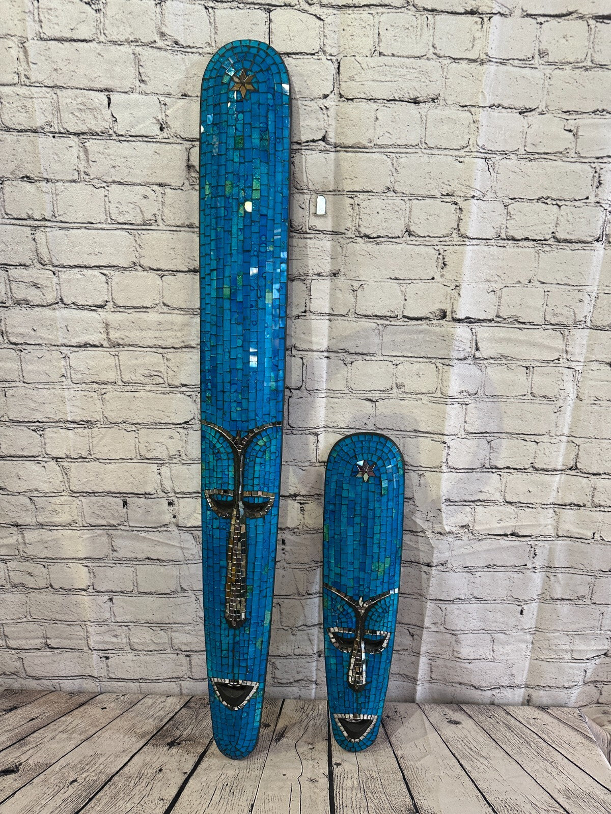 80cm Blue Mosaic Mirror Mask Carved Painted Ethnic Tribal Wall Art Handmade