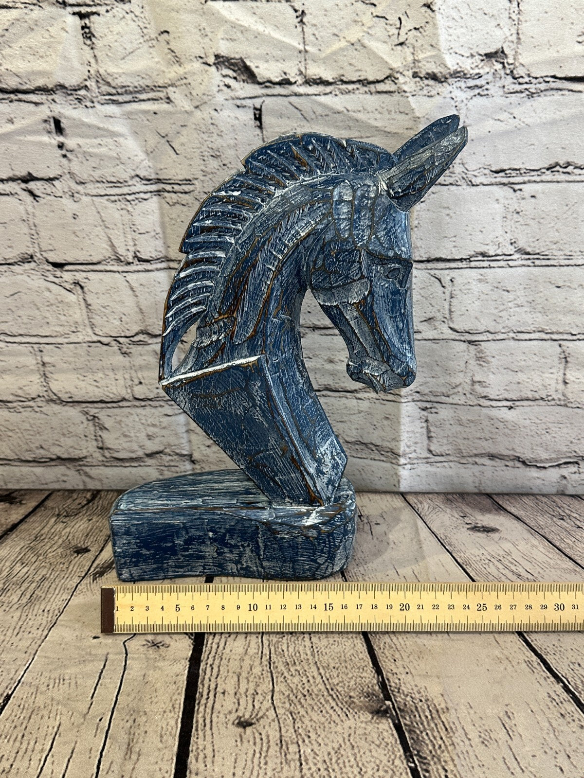 Blue Wooden 30cm x 18cm Horse Head Bust Hand Carved Wood Sculpture