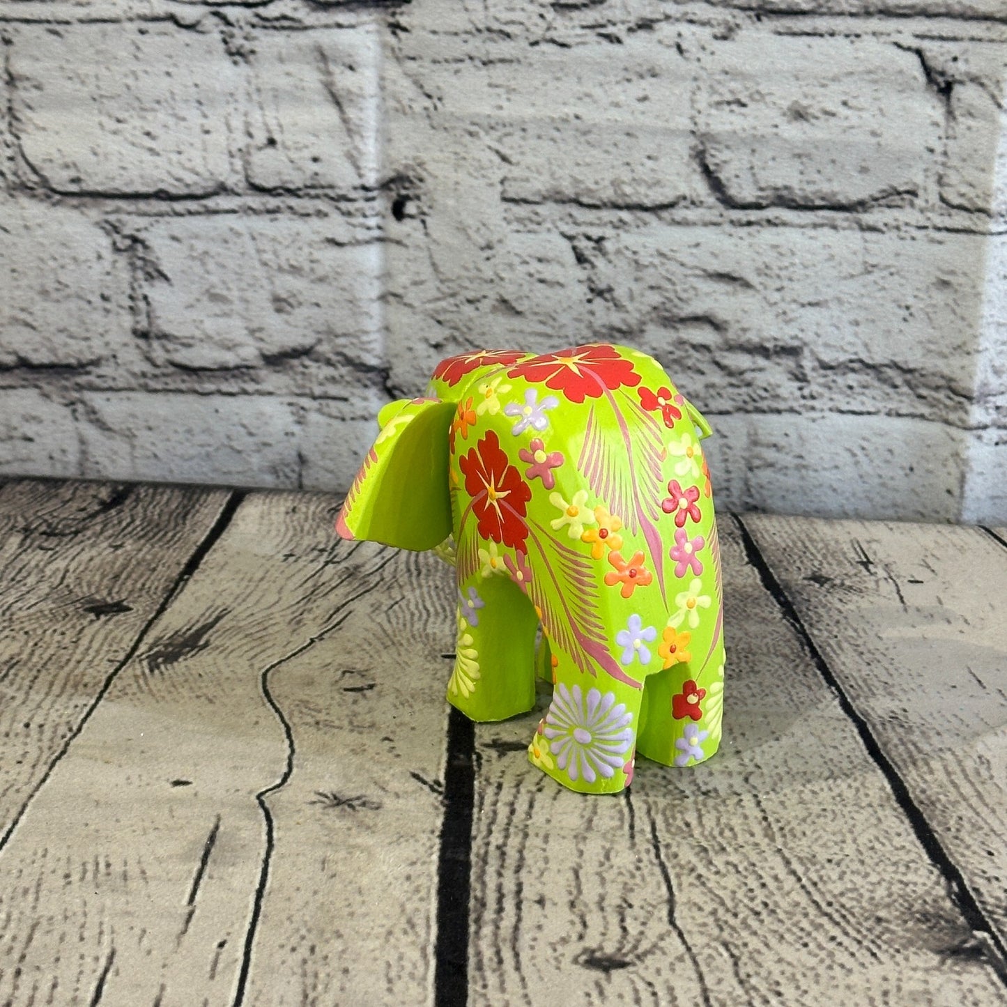 Green Wooden Elephant With Flower Pattern 10cm x 12cm Handmade and Fairtrade