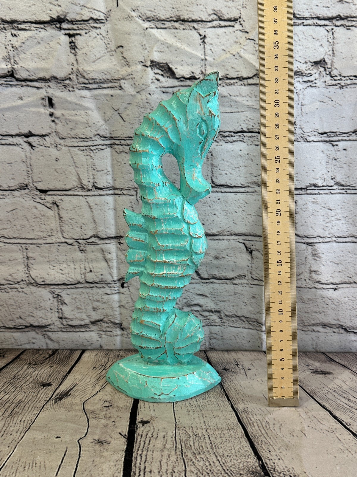 30cm Green Plain Wooden Shabby Seahorse Statue Ornament Fair Trade Handcarved