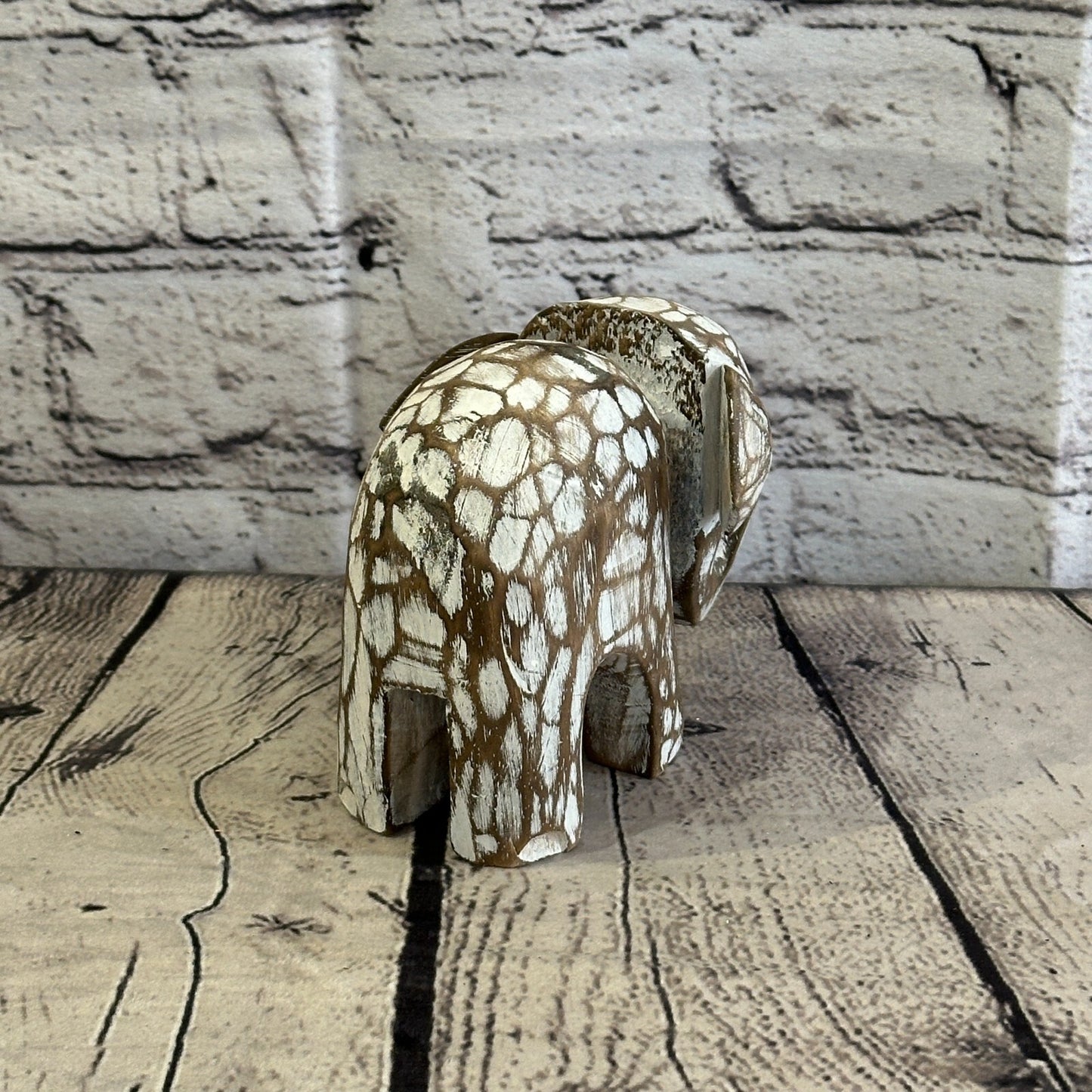 Brown Wooden Elephant With Shabby Pattern 10cm x 10cm Handmade and Fairtrade