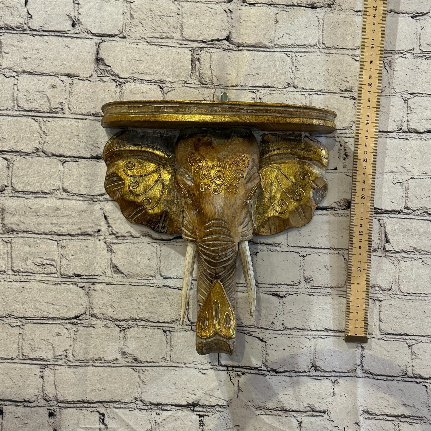 30cm x 30cm Brown Gold Shelf Wood Elephant Head Wall Mounted Art Large Shabby