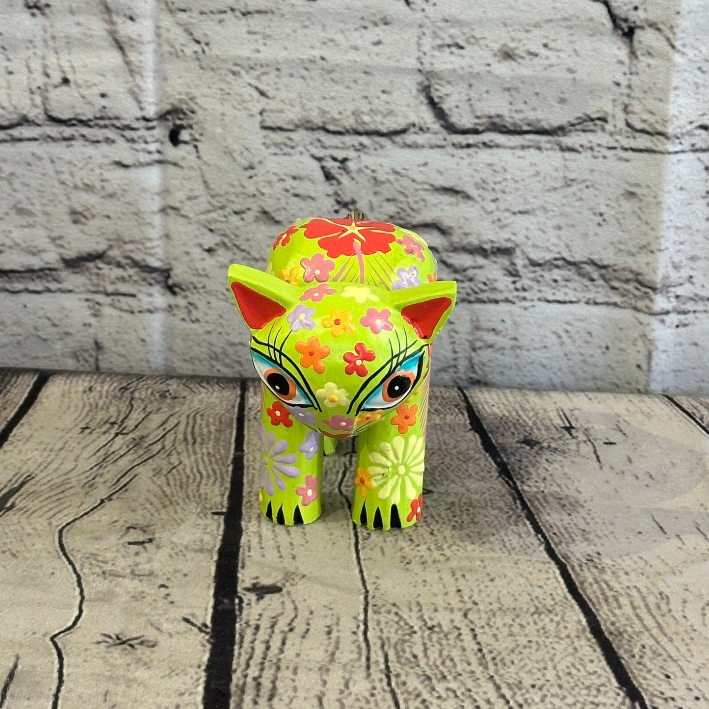 Green Small Wooden Cat With Flower Pattern 10cm x 8cm Handmade and Fairtrade