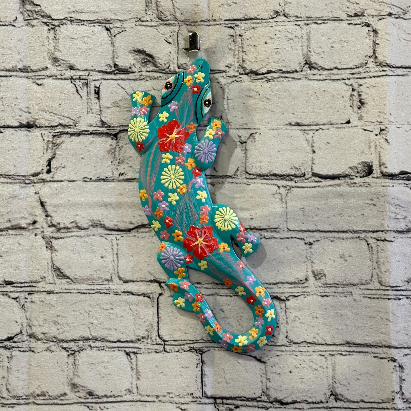 30cm Gecko Lizard Light Blue Flower Wood Wall Hanging Wooden Ornaments Carving