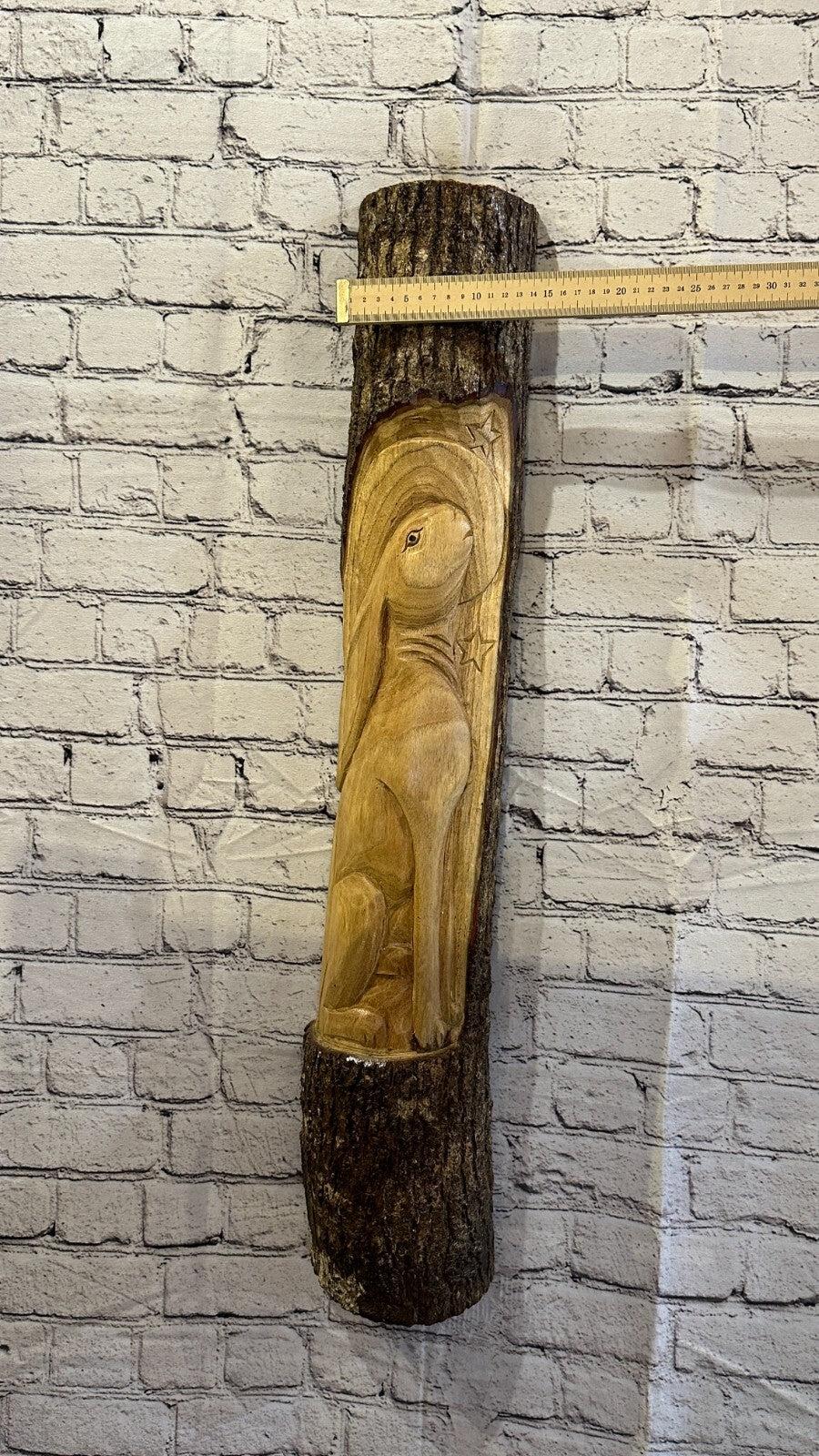 Hare With Moon Of The Woods 80cm Hand Carved Wizard Tree Trunk Wood Fairtrade