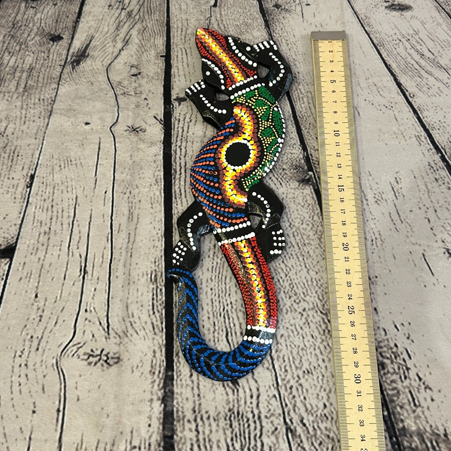 30cm Gecko Carved Wooden Dot Painted Ethnic Tribal Tiki Wall Handmade No 1