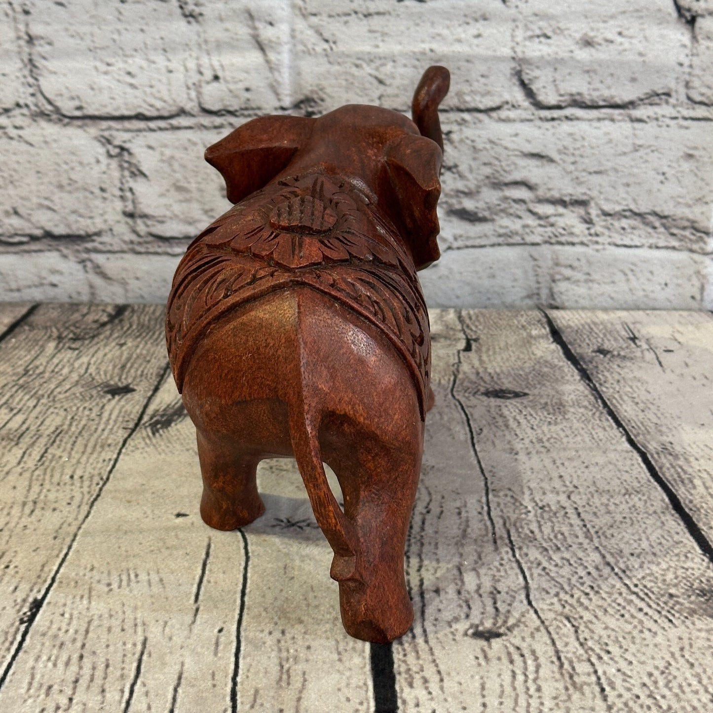 18cm x 12cm Carved Wooden Baby Elephant Wood Brown Sculpture Retro Handmade