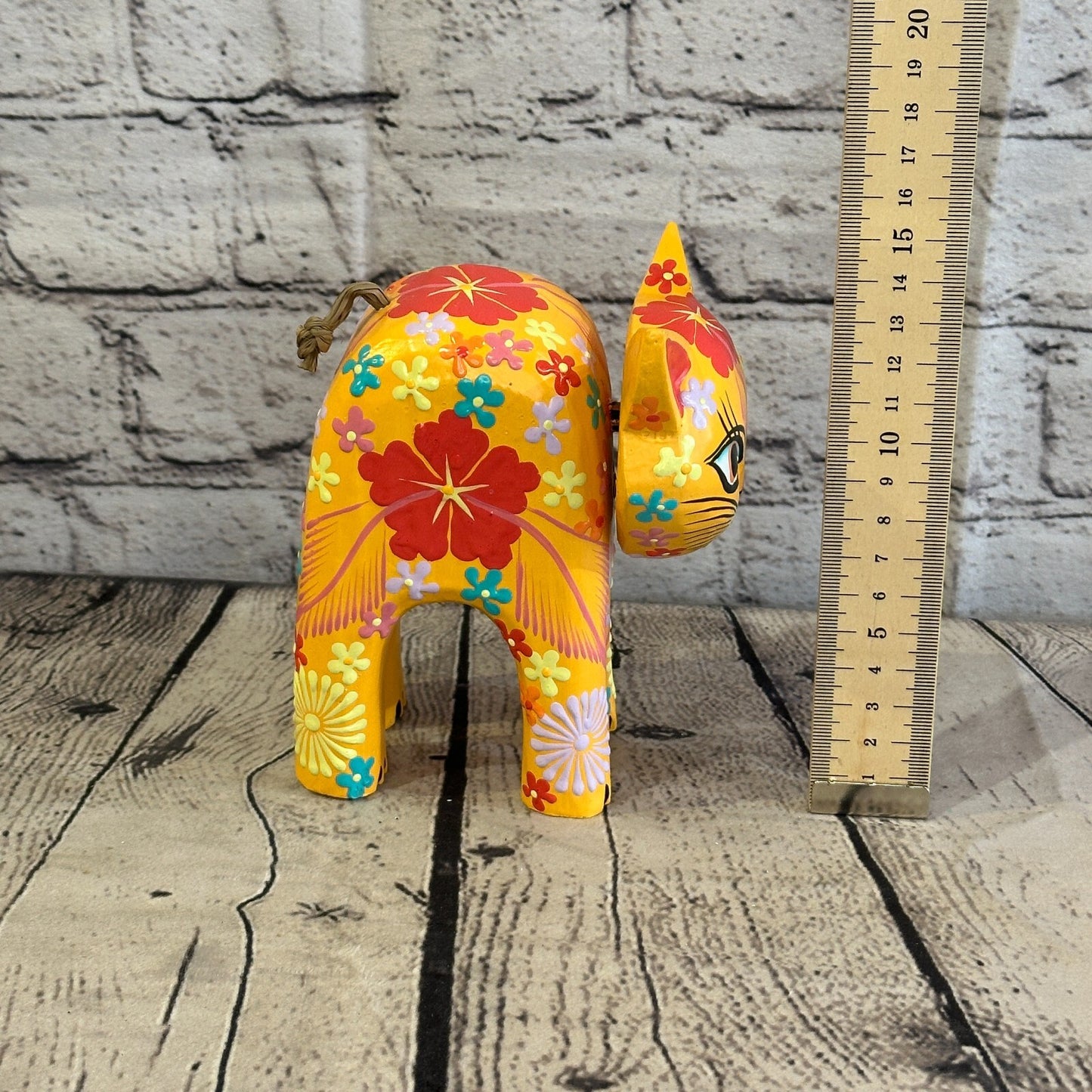 Orange Large Wooden Cat With Flower Pattern 15cm x 10cm Handmade and Fairtrade