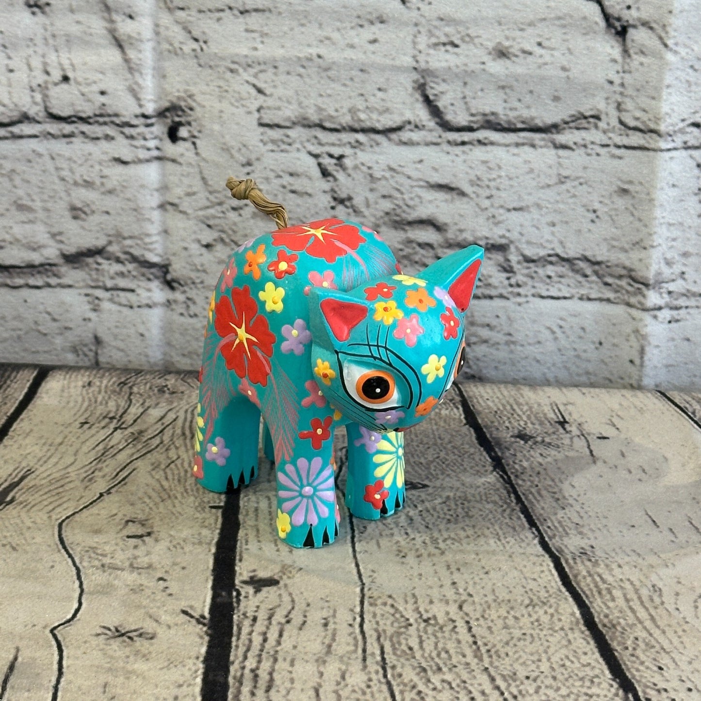 Blue Small Wooden Cat With Flower Pattern 10cm x 8cm Handmade and Fairtrade
