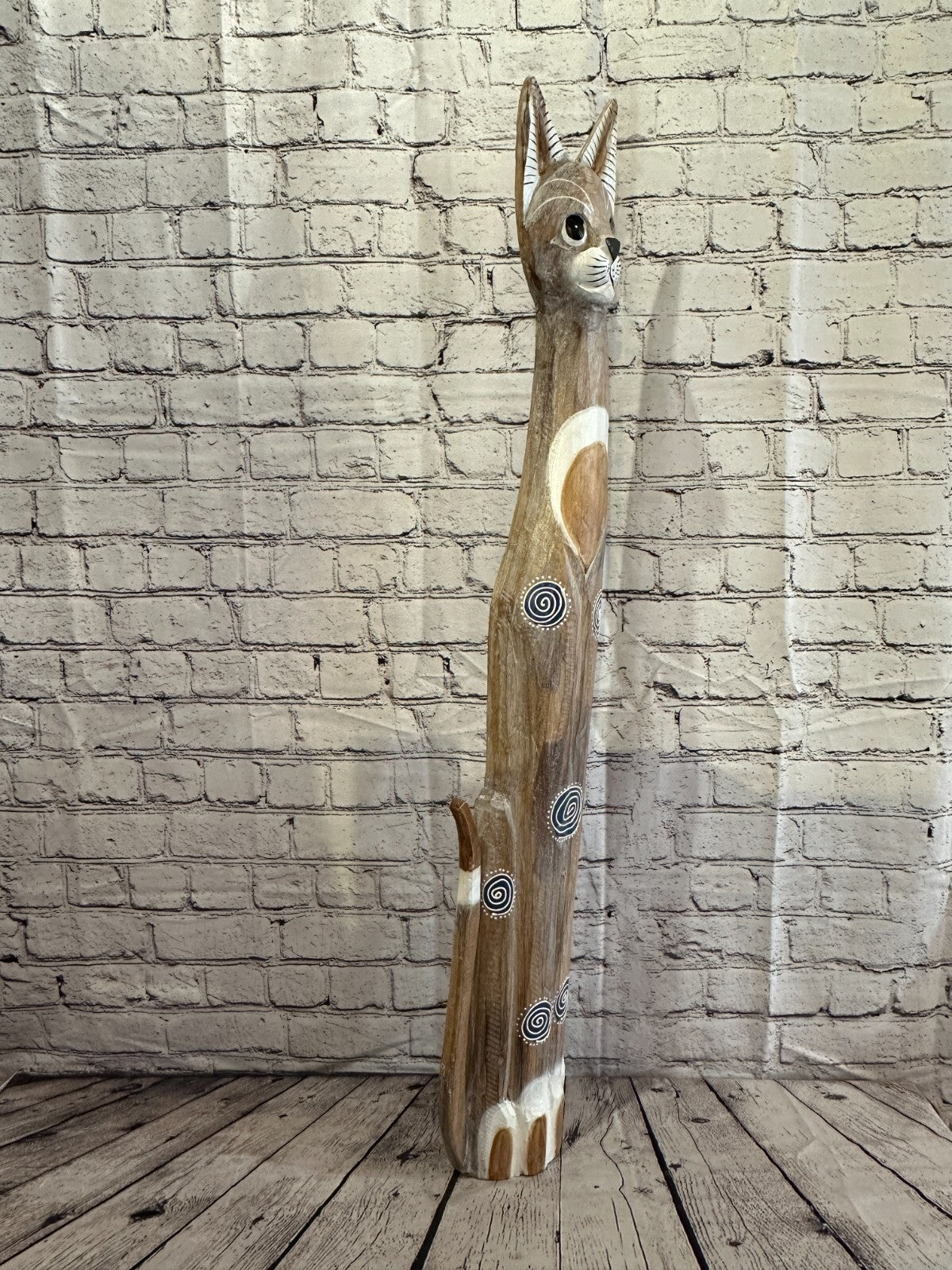 100cm Light Brown Flower Wooden Shabby Cat Statue Ornament Fair Trade Handcarved
