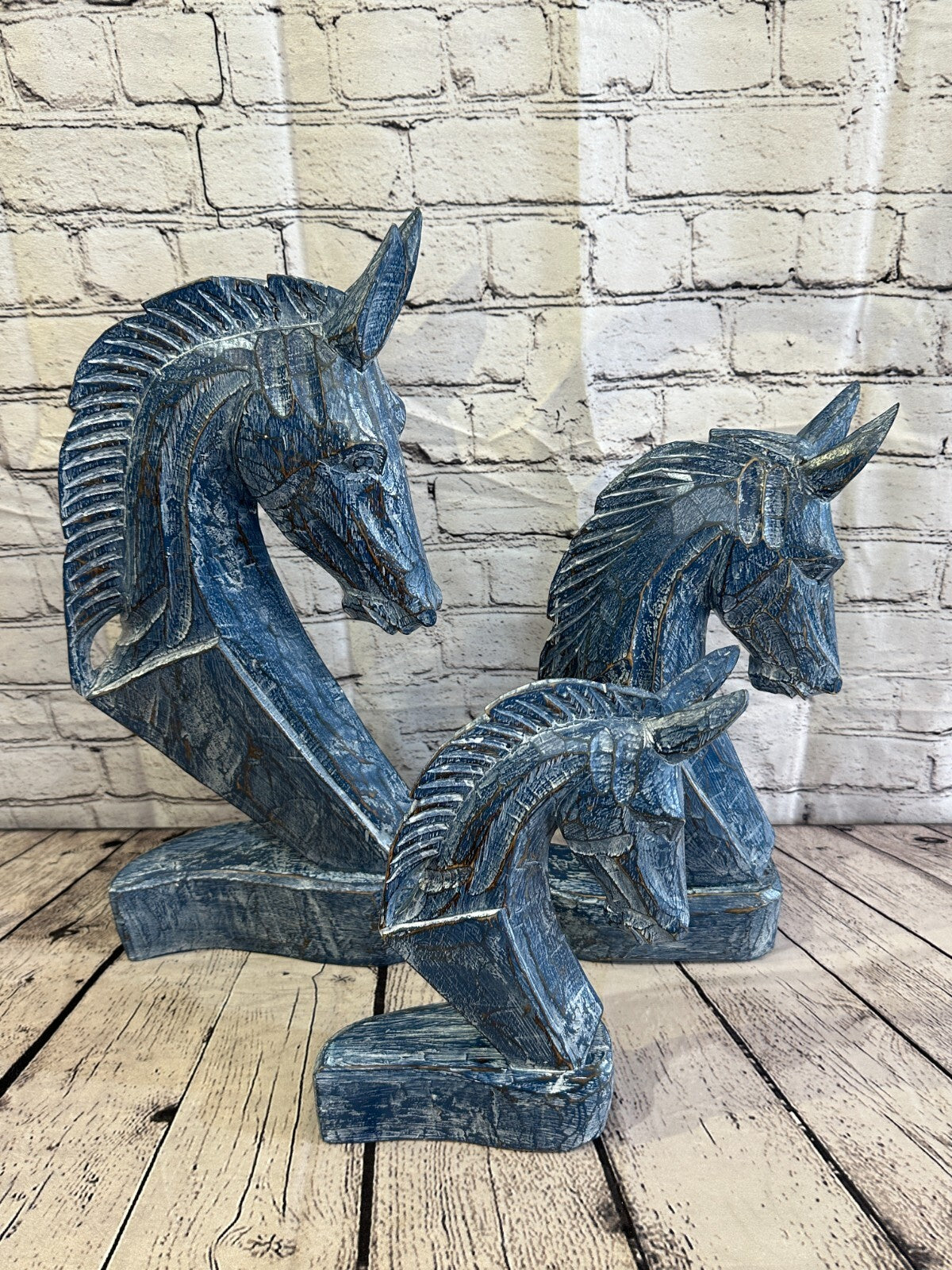 Blue Wooden 50cm x 25cm Horse Head Bust Hand Carved Wood Sculpture