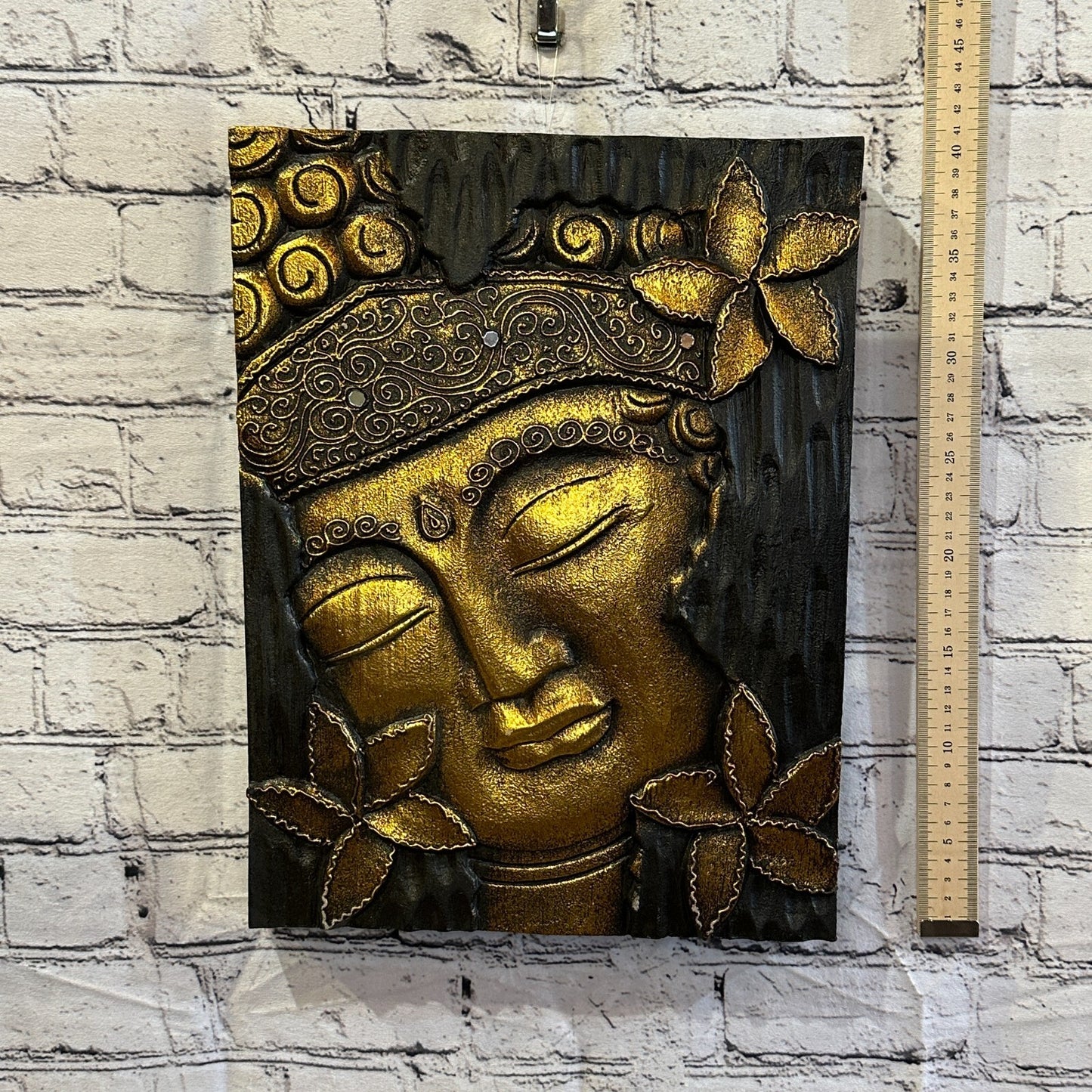 Wooden Wood Panel 40cm Brown Gold Buddha Hibiscus Wall Art Plaque Handcarved