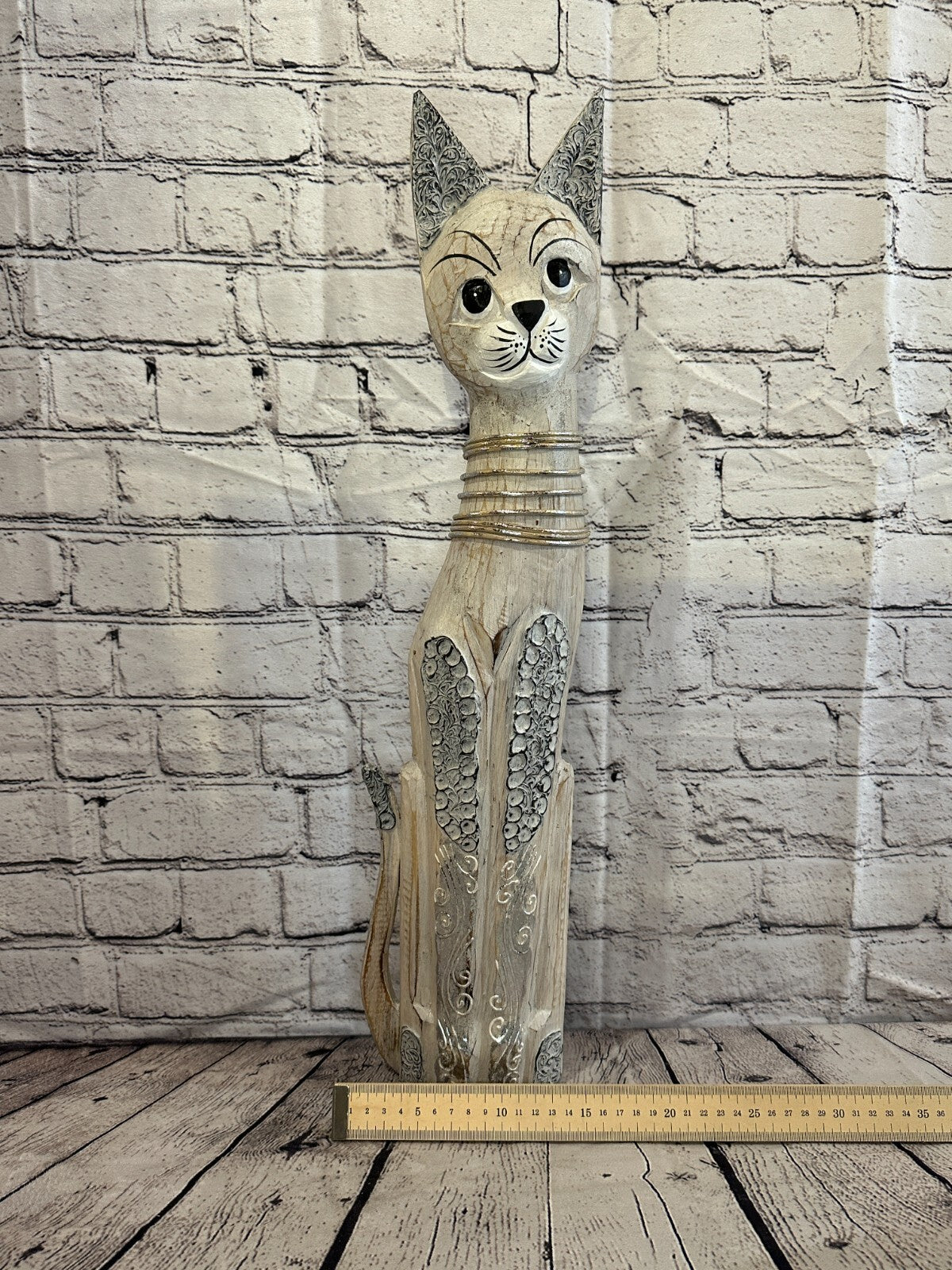 60cm White Swirl Flower Wooden Shabby Cat Statue Ornament Fair Trade Handcarved