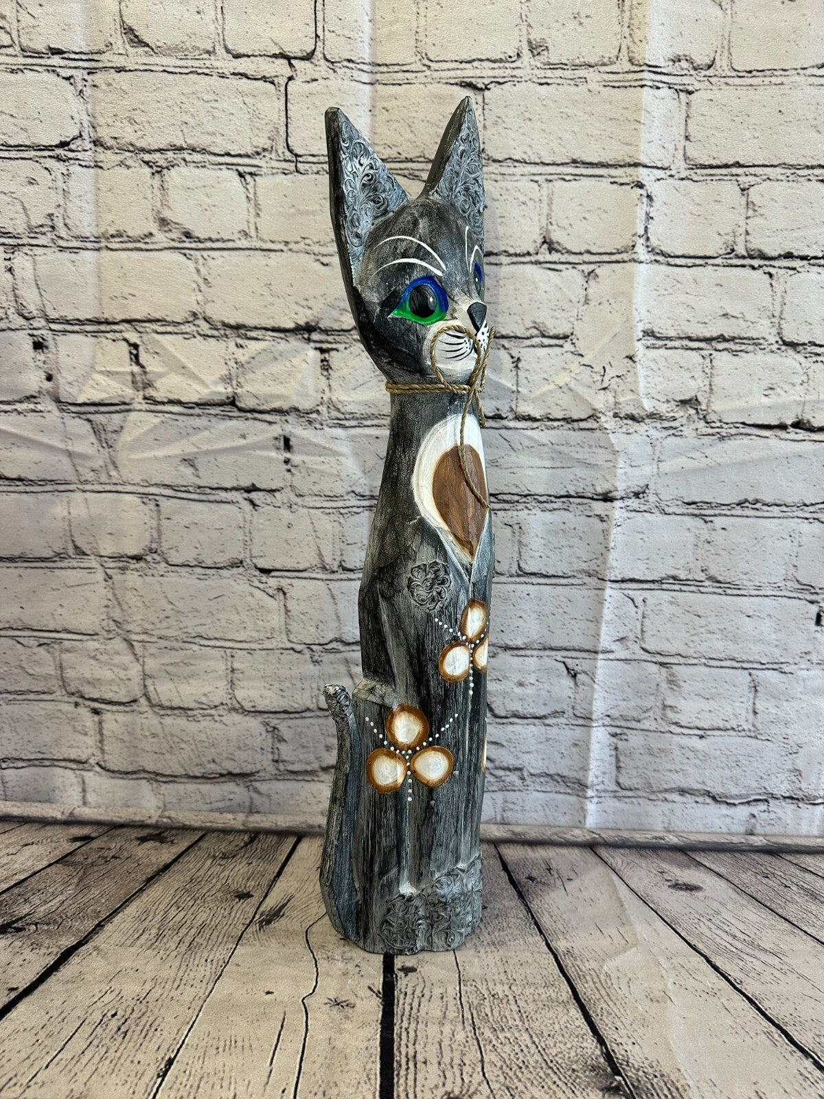 50cm Grey Swirl Flower Wooden Shabby Cat Statue Ornament Fair Trade Handcarved