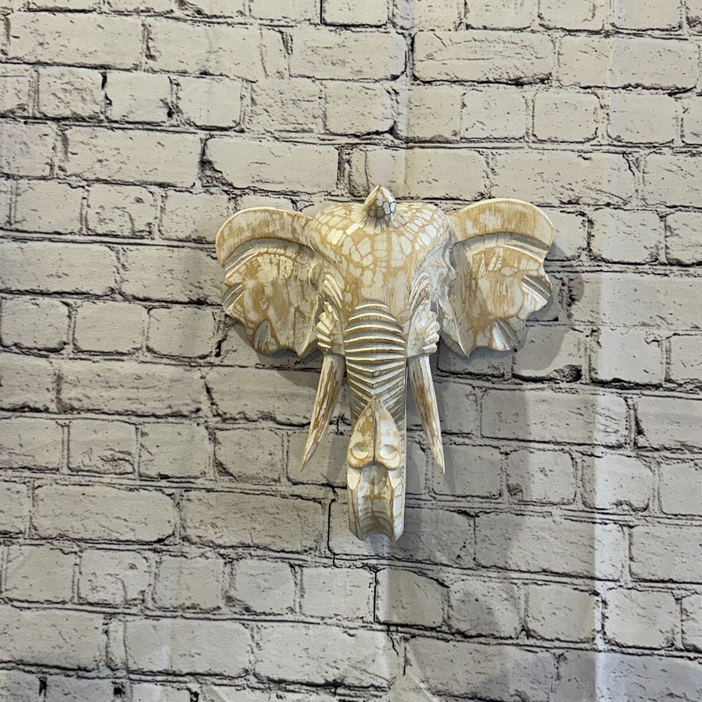 30cm x 30cm Cream White Carved Wood Elephant Head Wall Mounted Art Large Shabby