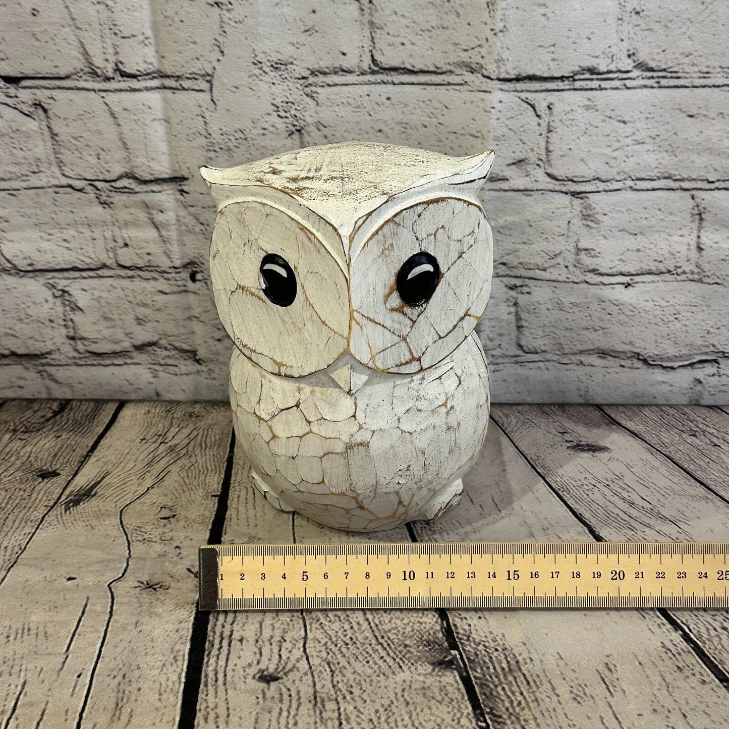 20cm x 15cm White Flower Wooden Shabby Owl Statue Ornament Fair Trade Handcarved