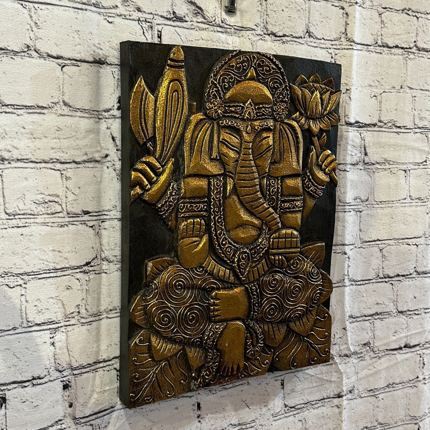 Wooden Wood Panel 40cm Brown Gold Ganesh Lotus Wall Art Plaque Handcarved