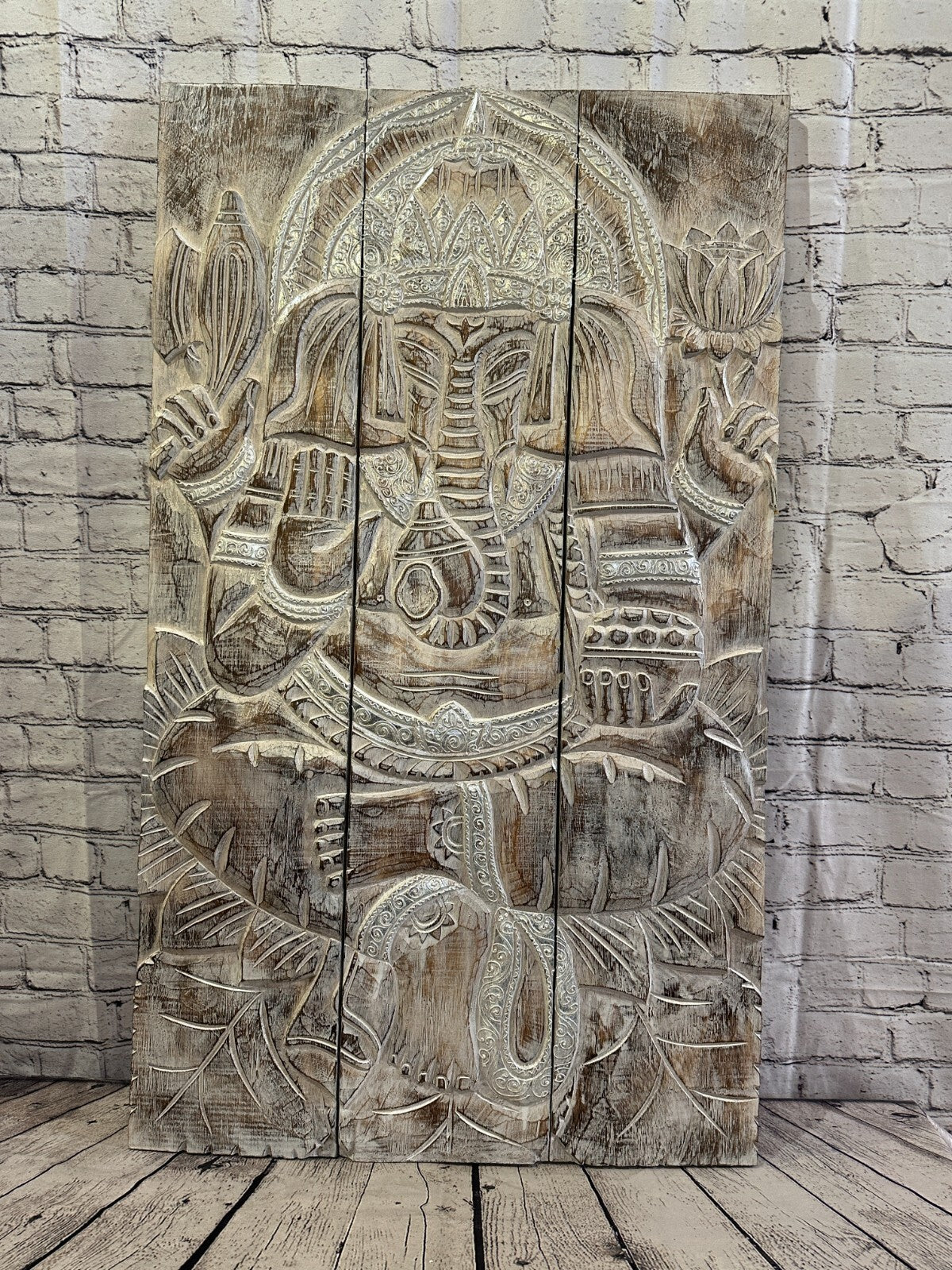 100cm x 60cm Ganesh White Panel Wooden Wood Panel Wall Art Plaque Handcarved