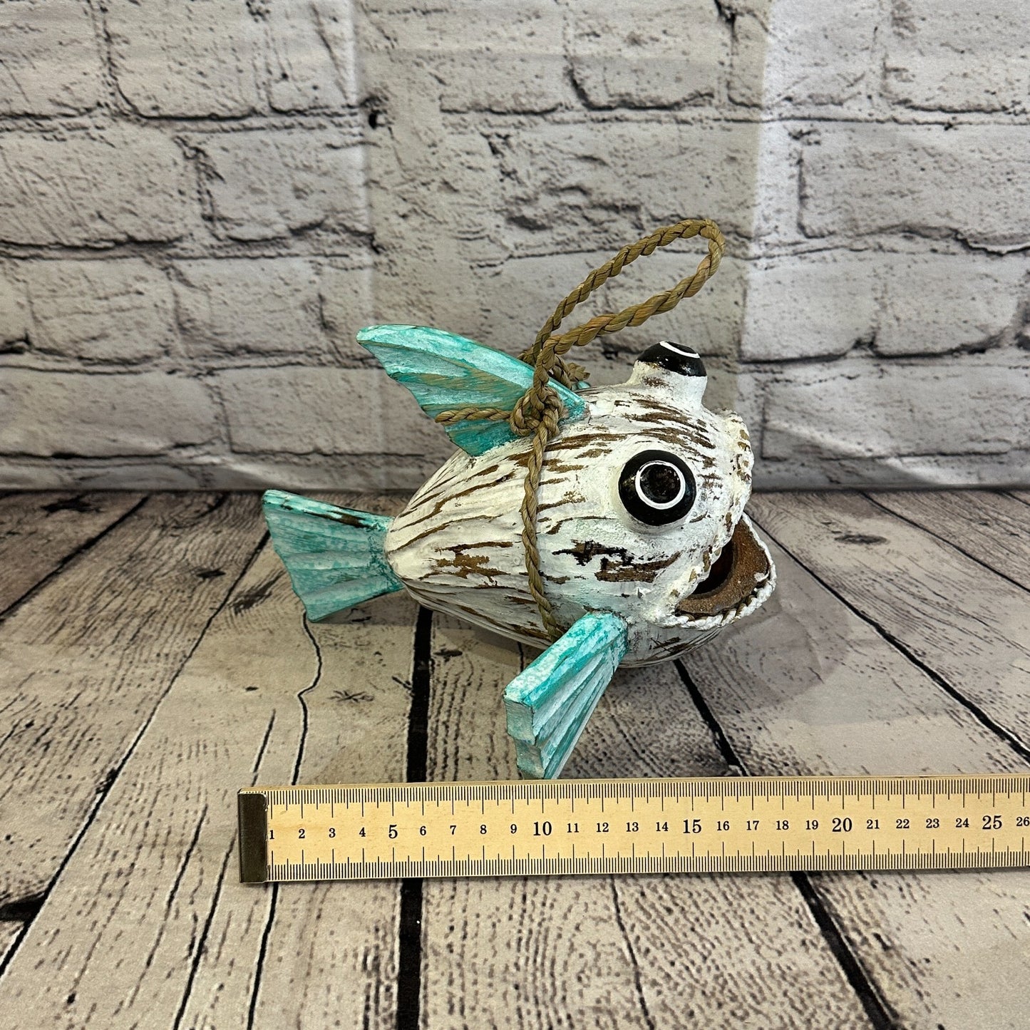 Green White Folk Art Hand Painted Shark Fish Coconut Shell Ornaments Hanging