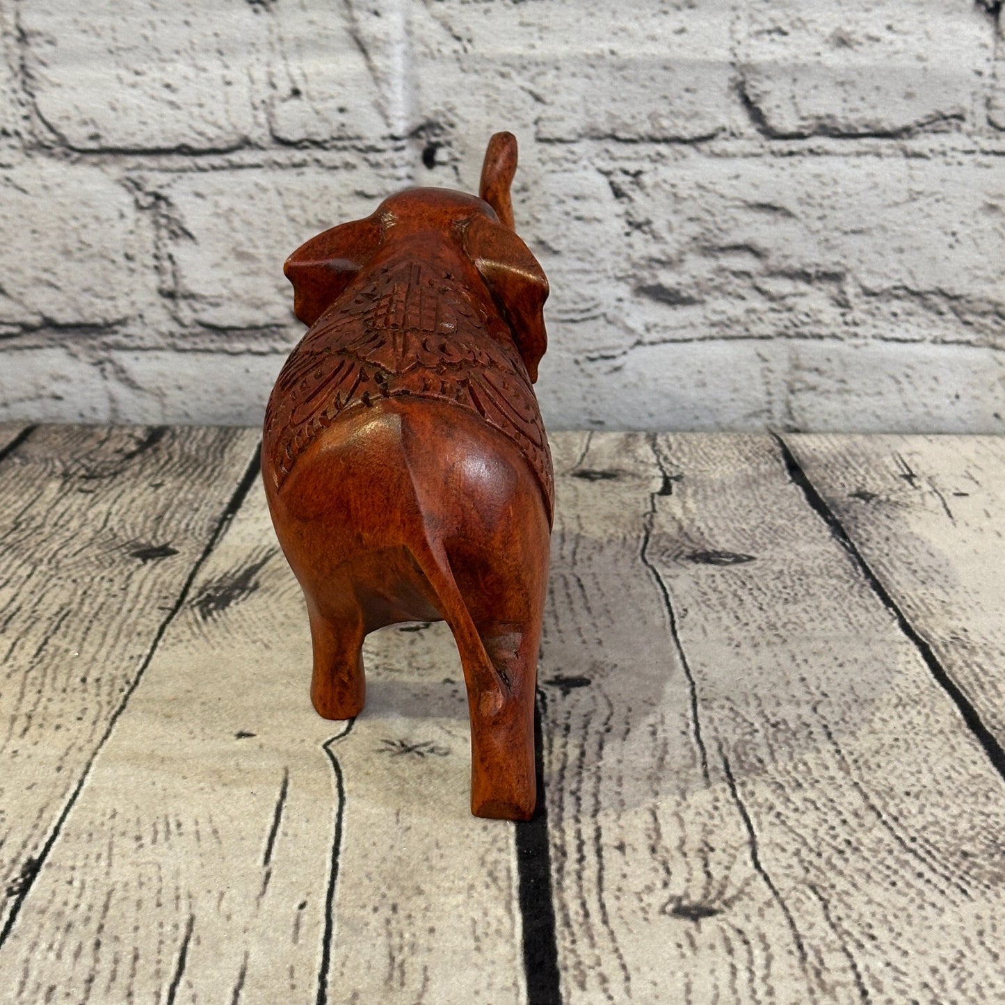15cm x 10cm Carved Wooden Baby Elephant Wood Brown Sculpture Retro Handmade