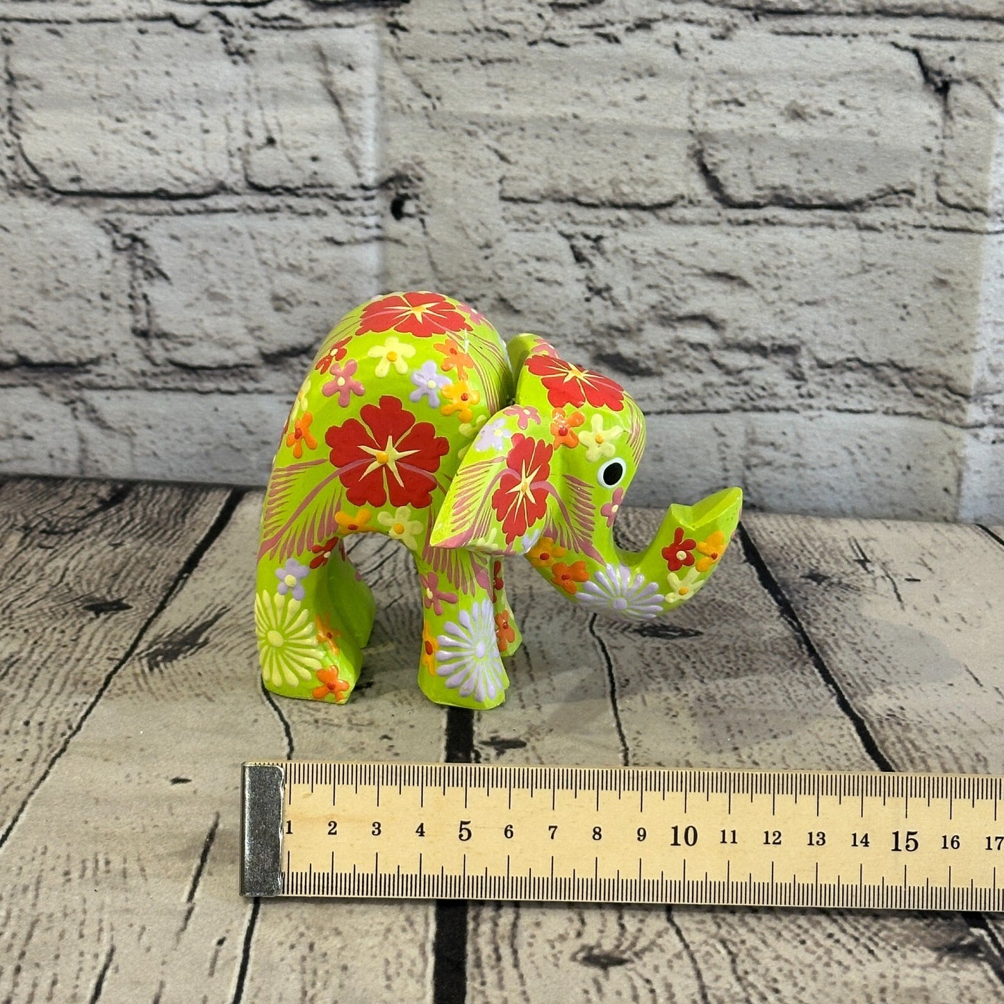 Green Wooden Elephant With Flower Pattern 10cm x 12cm Handmade and Fairtrade