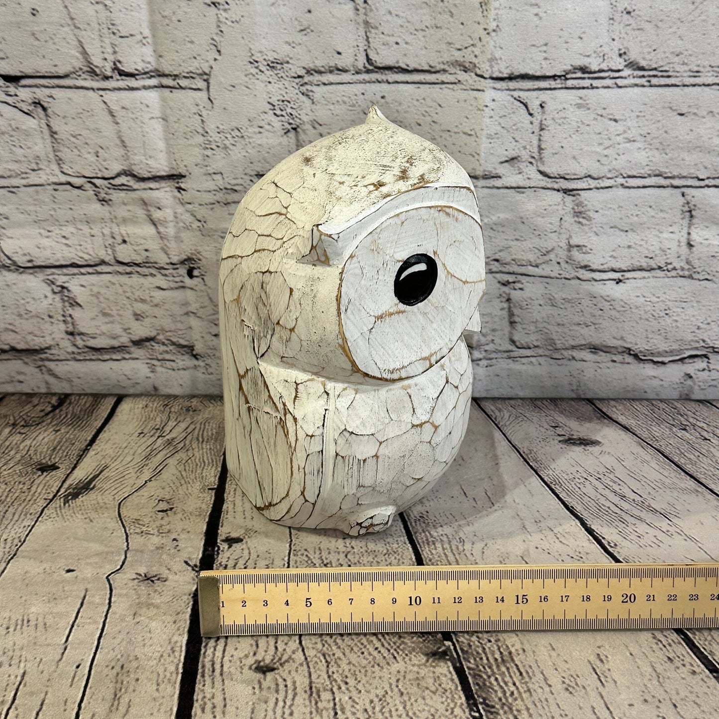20cm x 15cm White Flower Wooden Shabby Owl Statue Ornament Fair Trade Handcarved