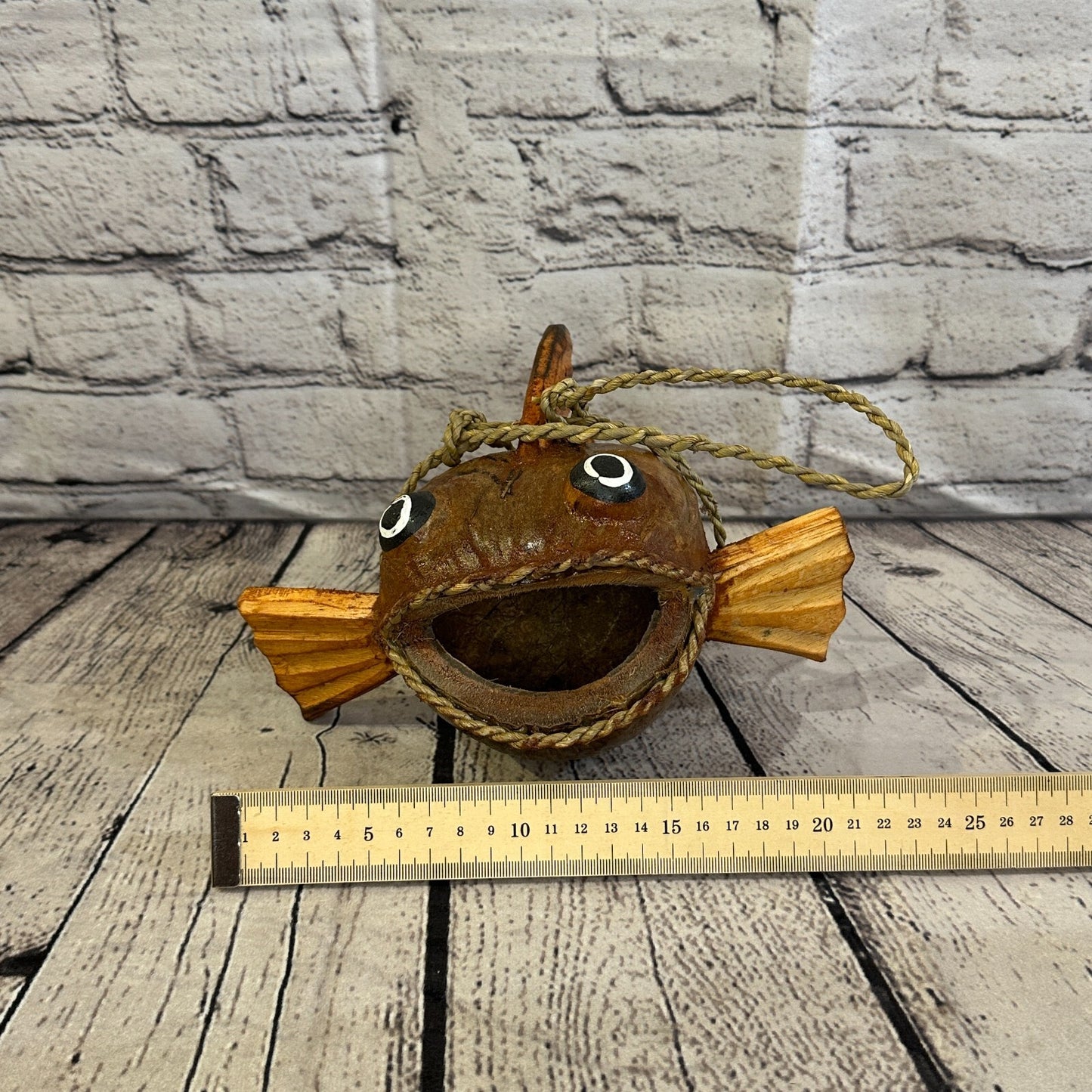 Plain Brown Folk Art Hand Painted Shark Fish Coconut Shell Ornaments Hanging