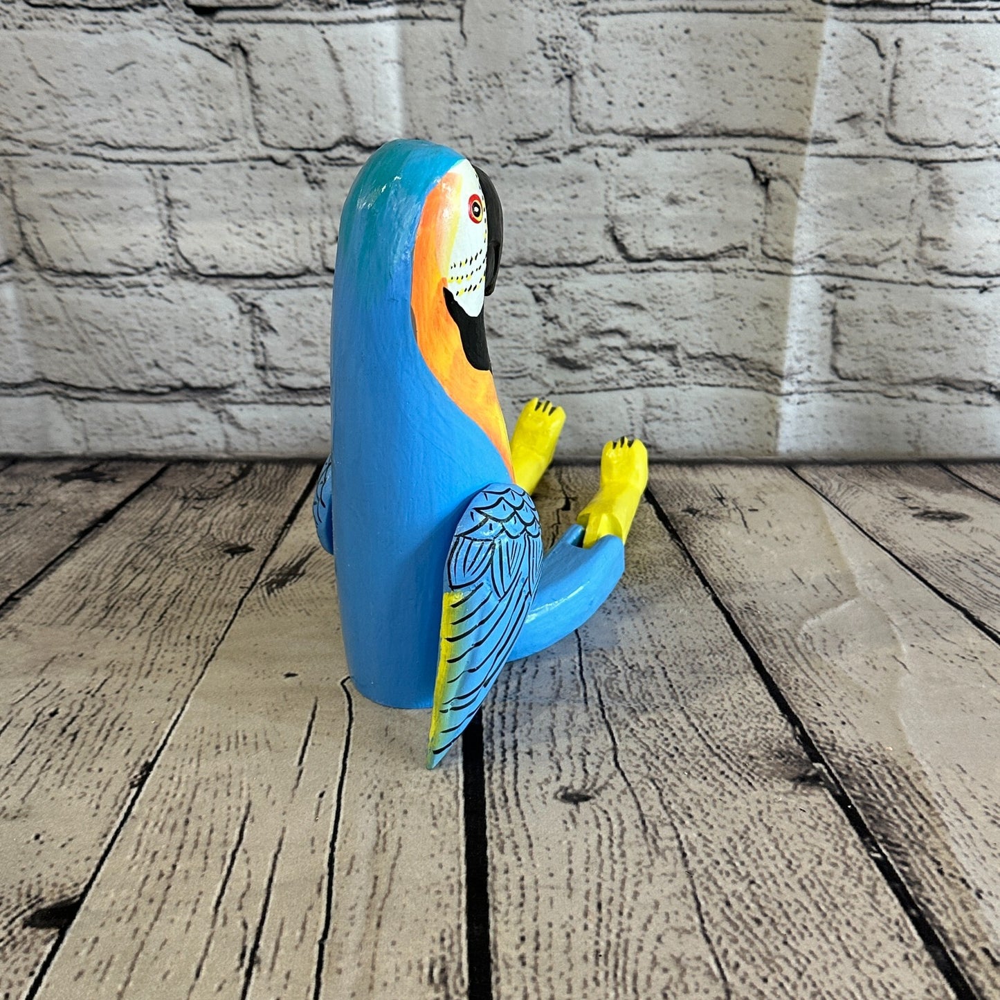 20cm Blue Parrot Sitting Animal, Wooden Shelf Ornament Handmade & Fairtrade