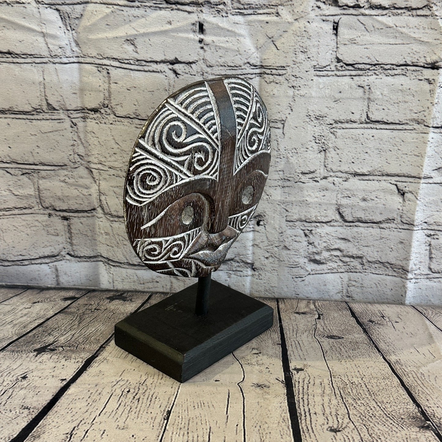 25cm x 20cm Wooden Tribal Primitive Black Mask Stand Sculpture Statue Art