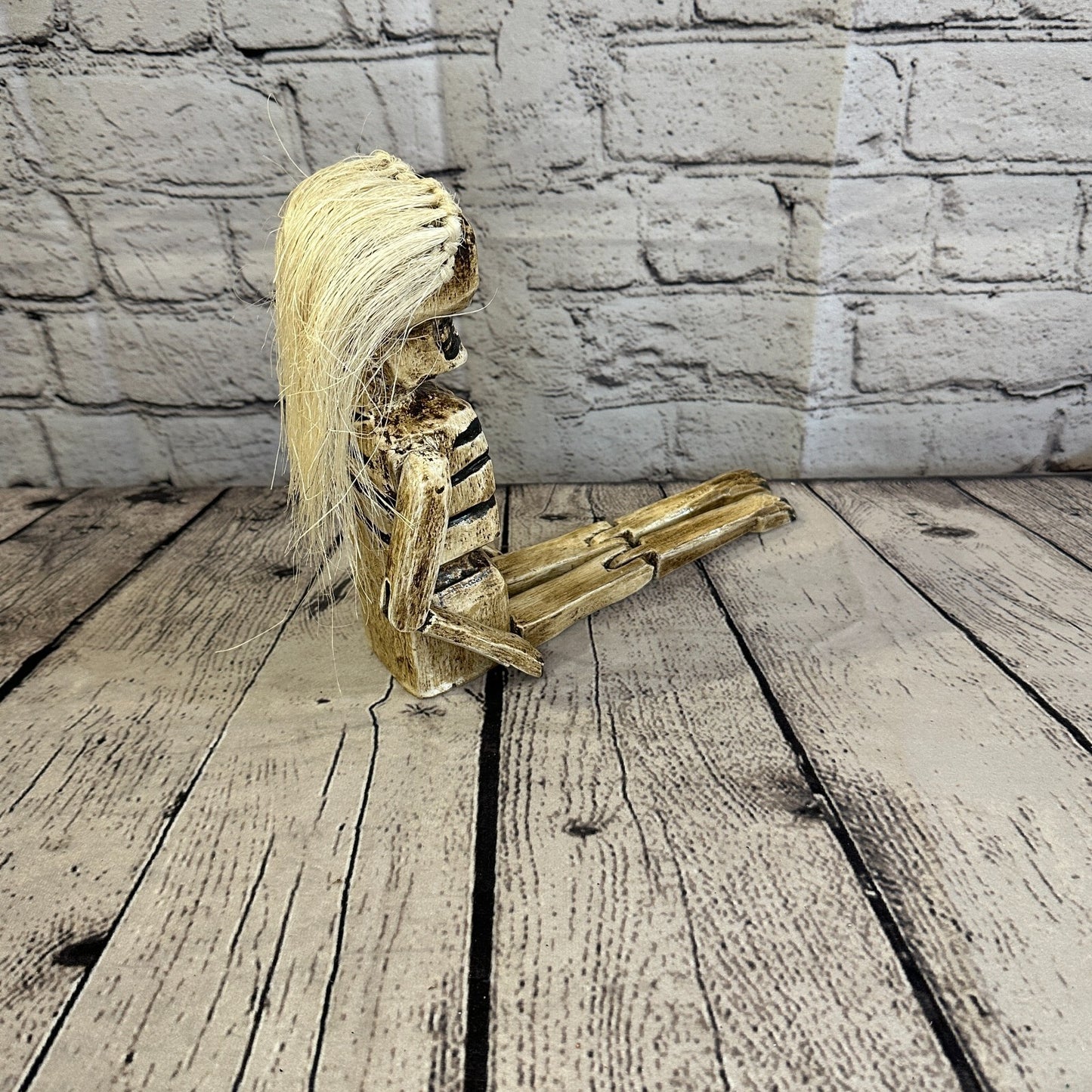 20cm Shabby Skeleton White Hair Animal Wooden Shelf Ornament Handmade Fairtrade