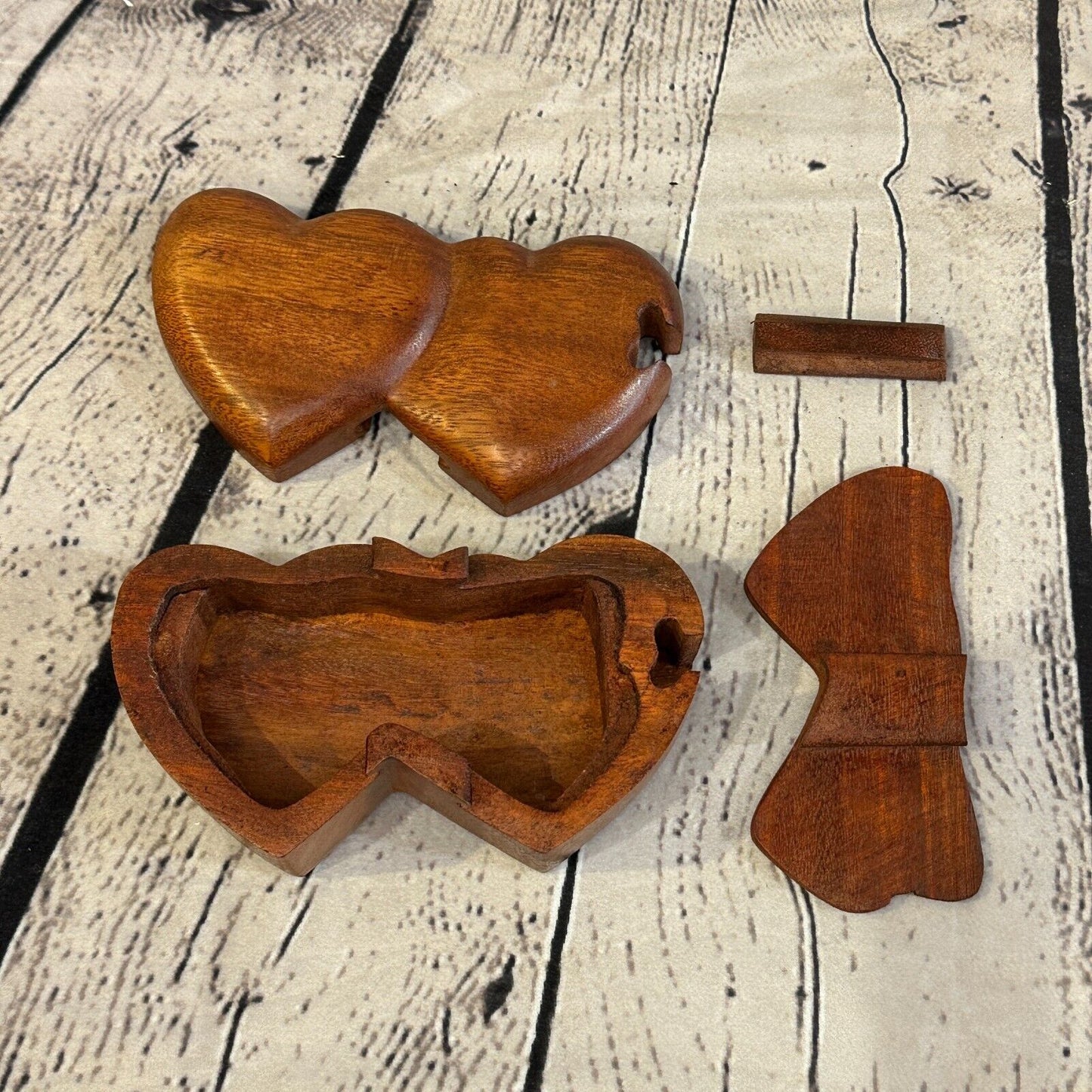 Carved Double Heart 4 Bit Wooden Puzzle Box Secret Box Magic Trinket Handmade
