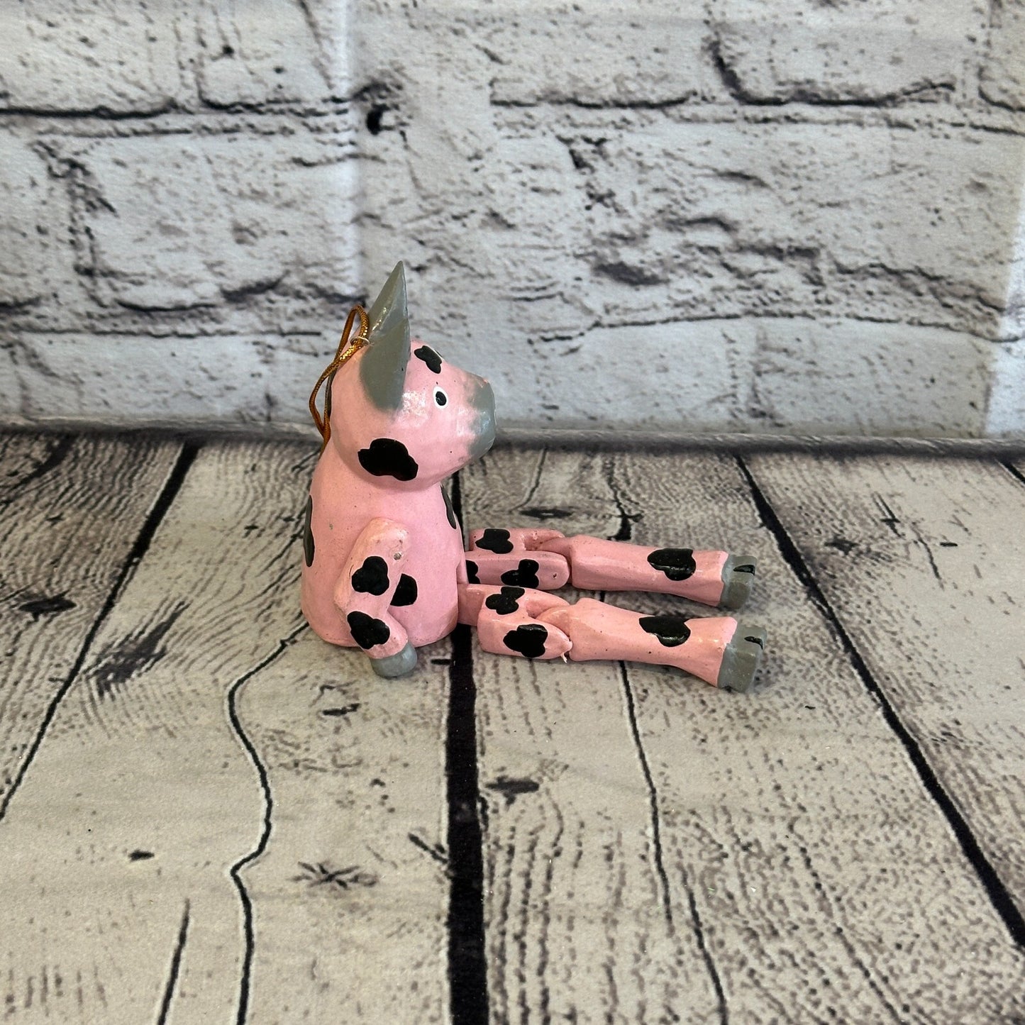 10cm Pink Pig Sitting Animal, Wooden Shelf Ornament Handmade and Fairtrade