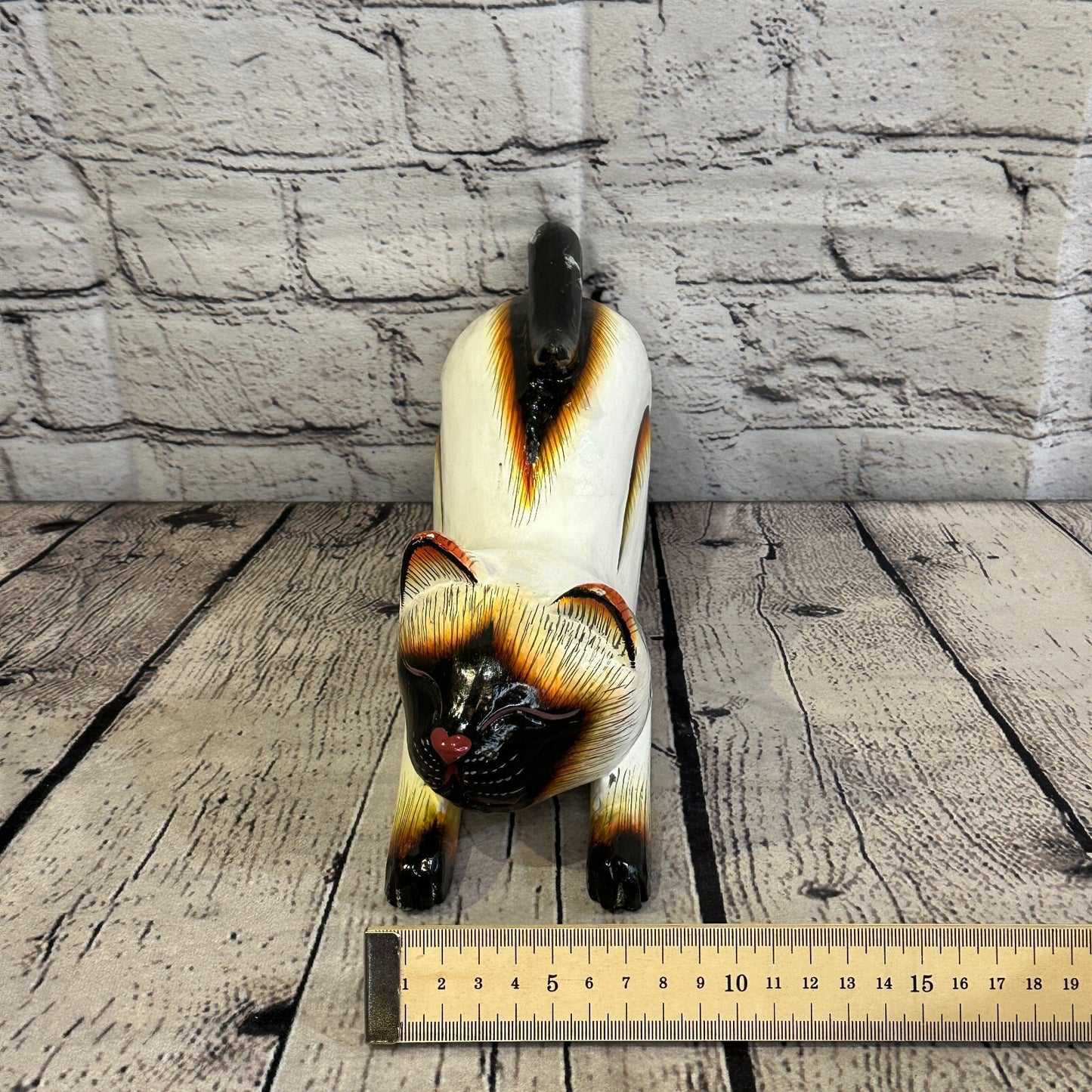 22cm x 14cm Siamese Style Painted Wooden Hand Carved Stretching Cat Wooden