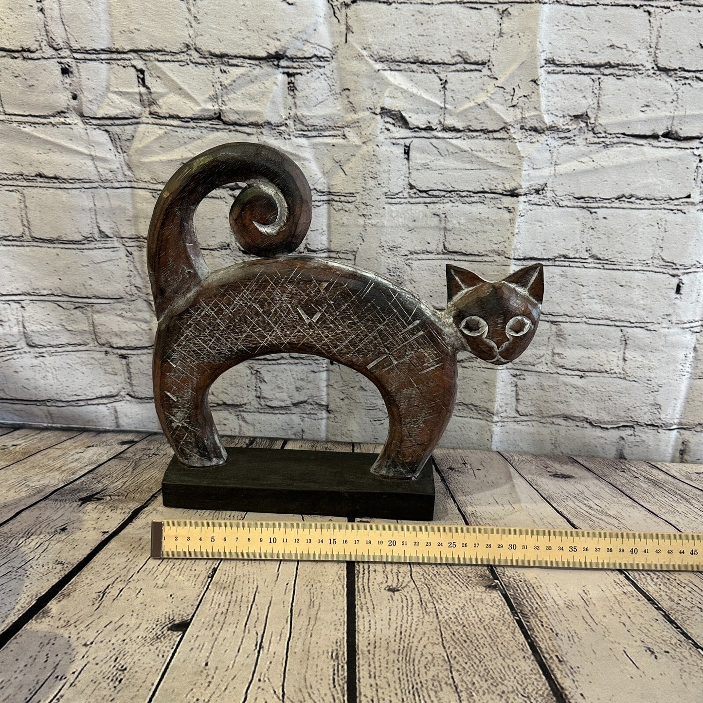35cm x 35cm Wooden Tribal Primitive Black Cat Stand Sculpture Statue Art