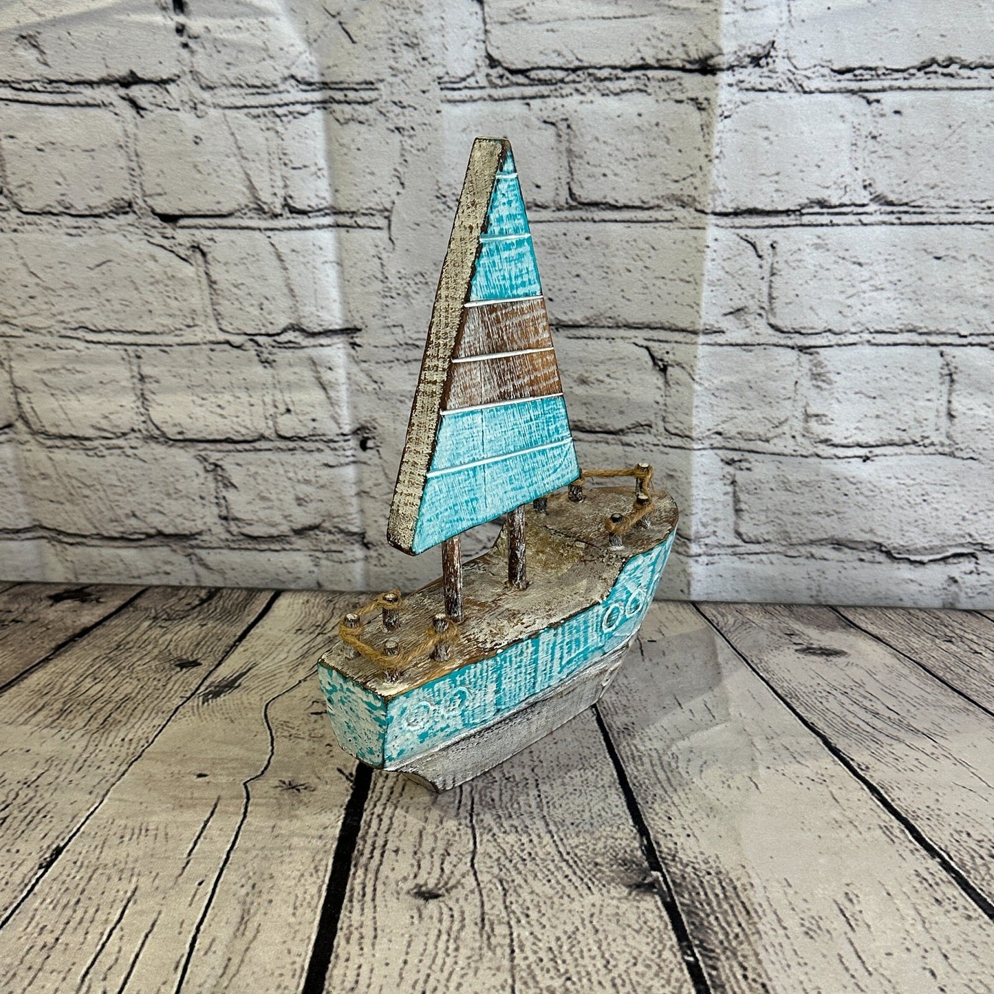 25cm Rustic Wooden Brown & Green Sailing Boat Nautical Ornament Sculpture Decor
