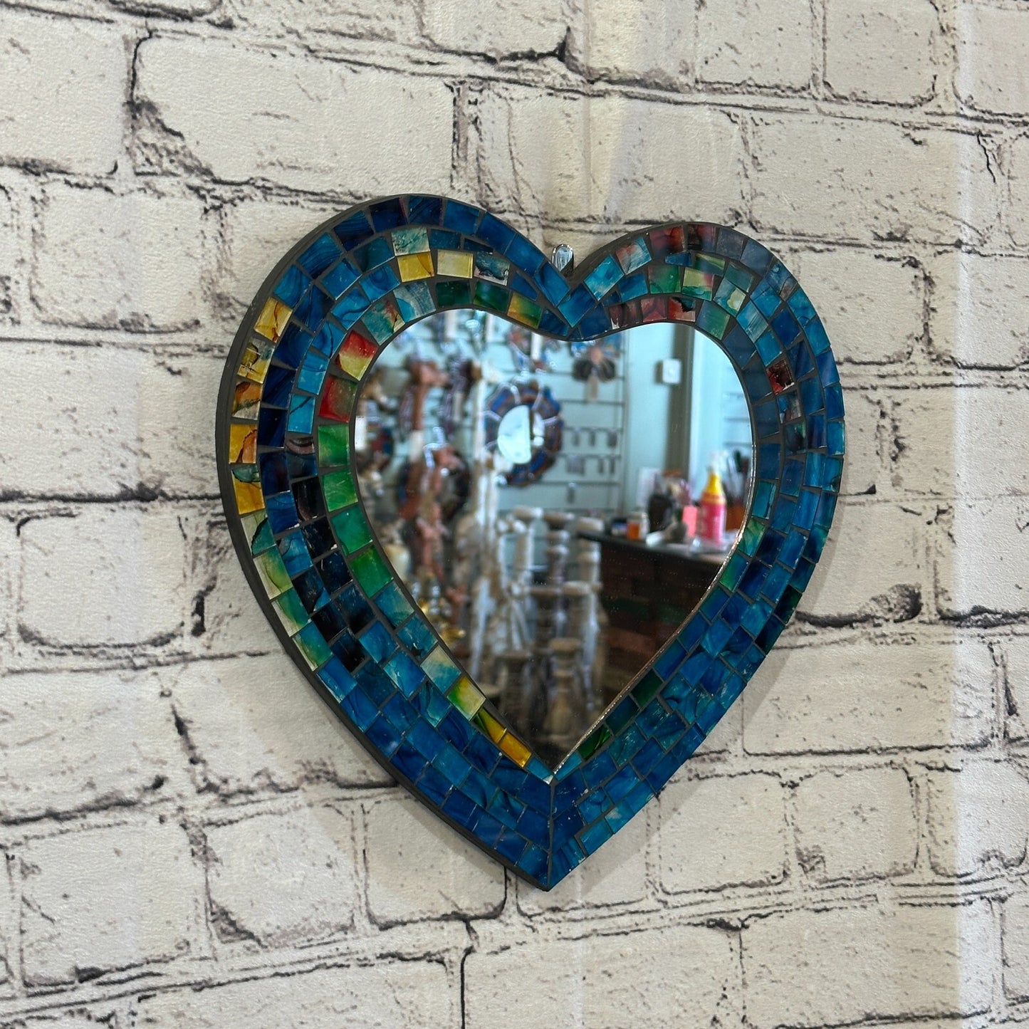Blue Heart Shape Mosaic Tile Wall Mirror 28cm x 25cm 10 Inches Handmade New