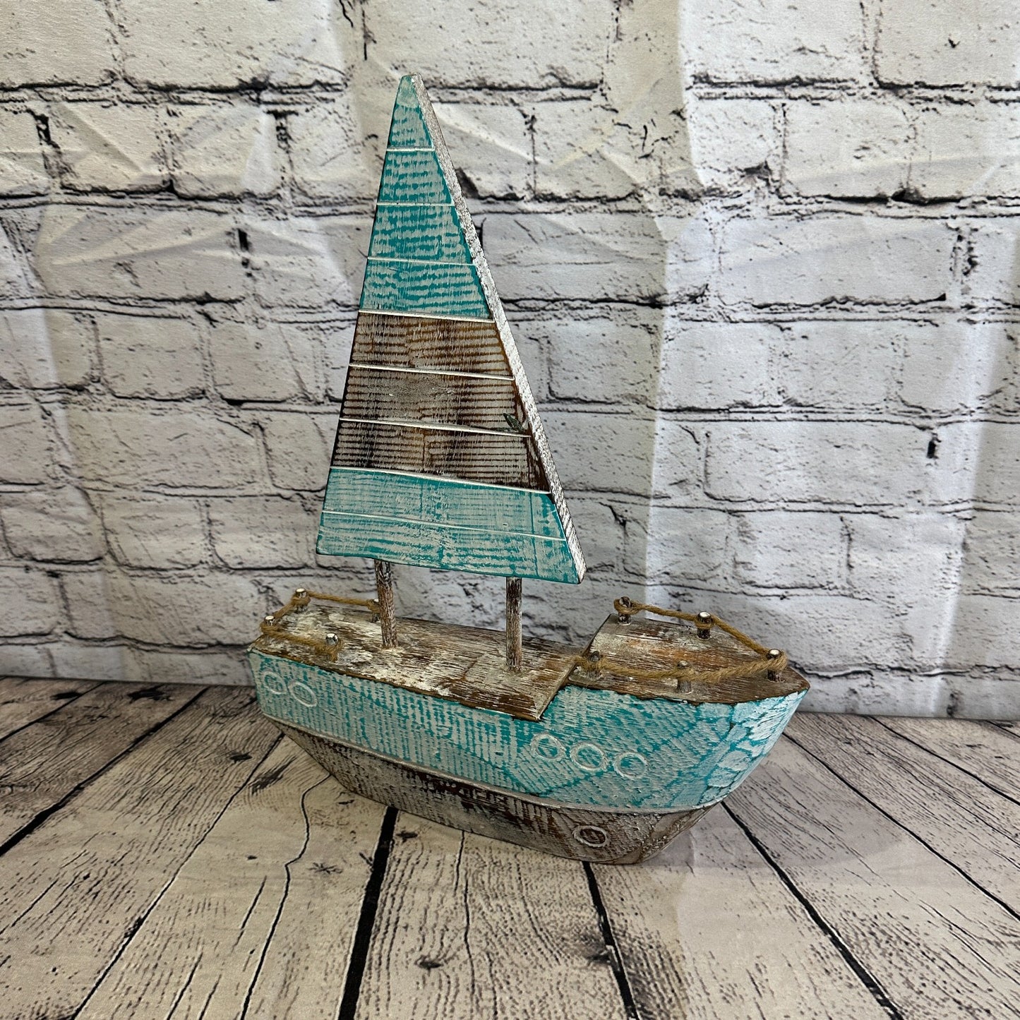 40cm Rustic Wooden Brown & Green Sailing Boat Nautical Ornament Sculpture Decor