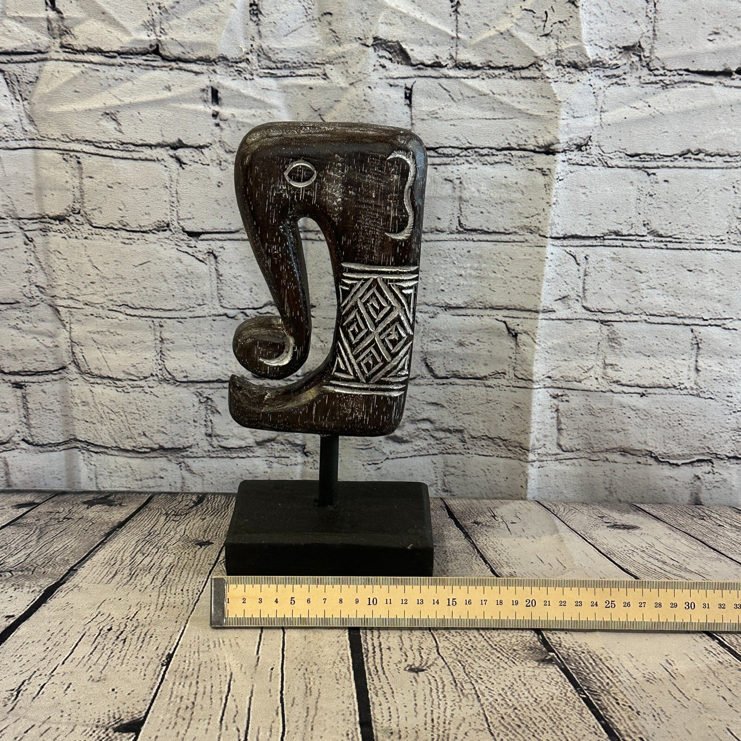 30cm x 14cm Wooden Tribal Primitive Black Elephant Head Stand Sculpture Statue