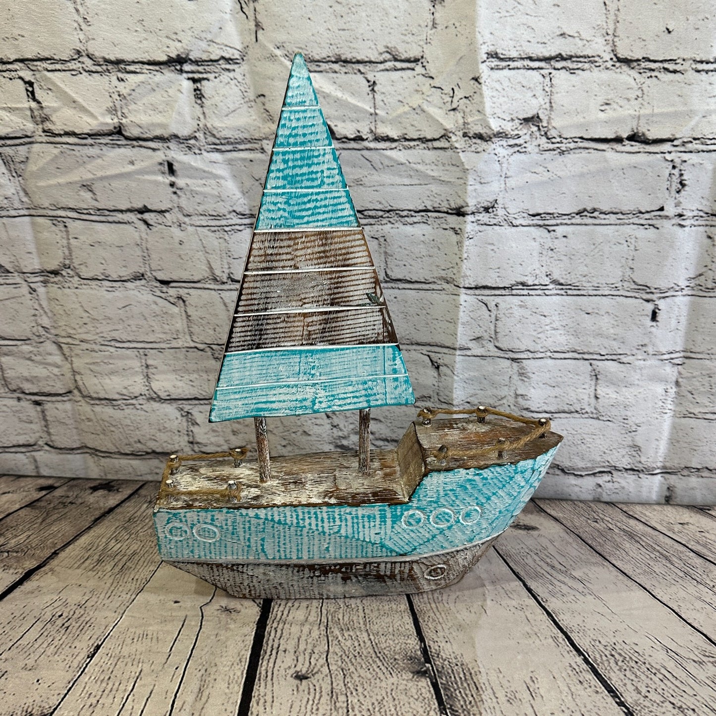40cm Rustic Wooden Brown & Green Sailing Boat Nautical Ornament Sculpture Decor