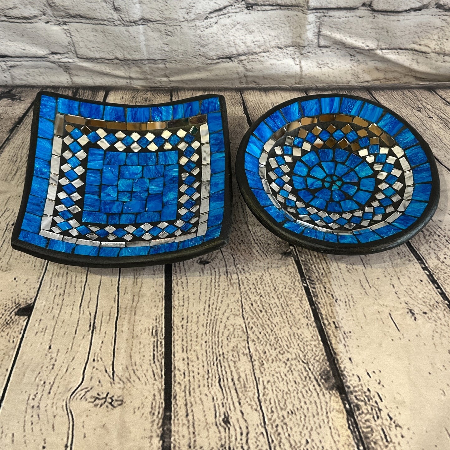 28cm Blue Round Mosaic Handmade Ceramic Glass Tile Bowl Fruit