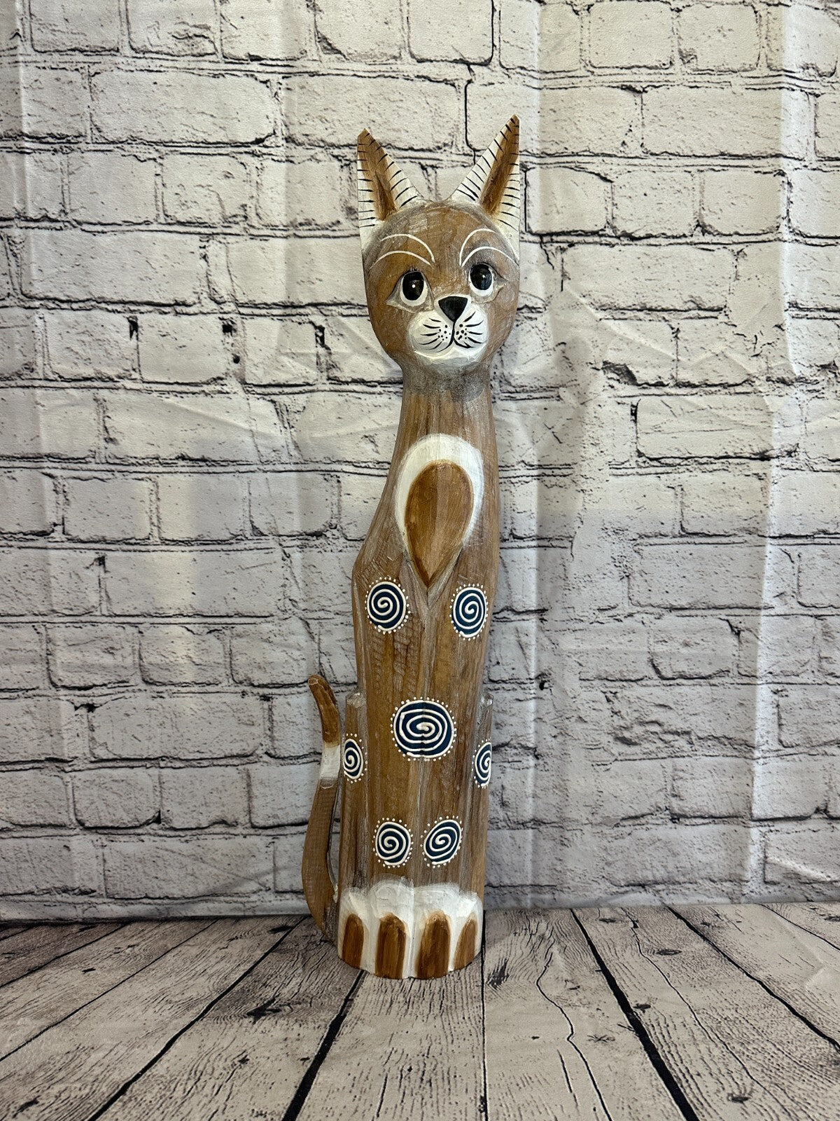 60cm Light Brown Flower Wooden Shabby Cat Statue Ornament Fair Trade Handcarved