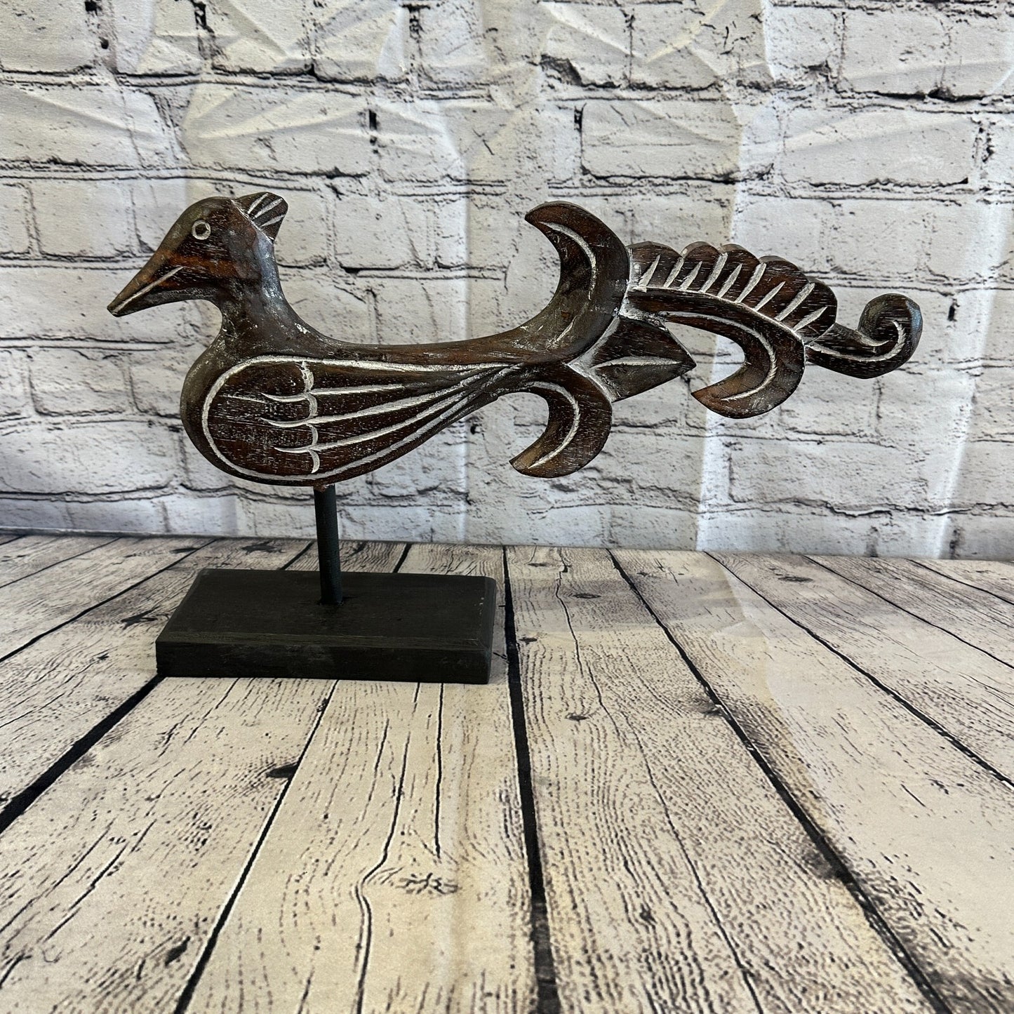 50cm x 30cm Wooden Tribal Primitive Black Phoenix Bird Stand Sculpture Statue