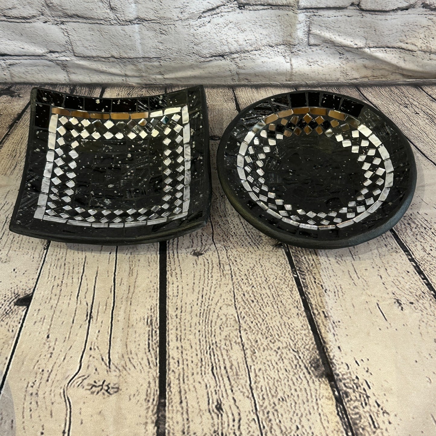 20cm Black Square Mosaic Handmade Ceramic Glass Tile Bowl Fruit