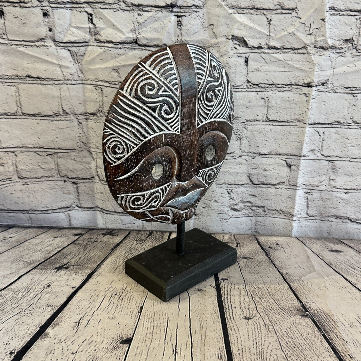 35cm x 25cm Wooden Tribal Primitive Black Mask Stand Sculpture Statue Art
