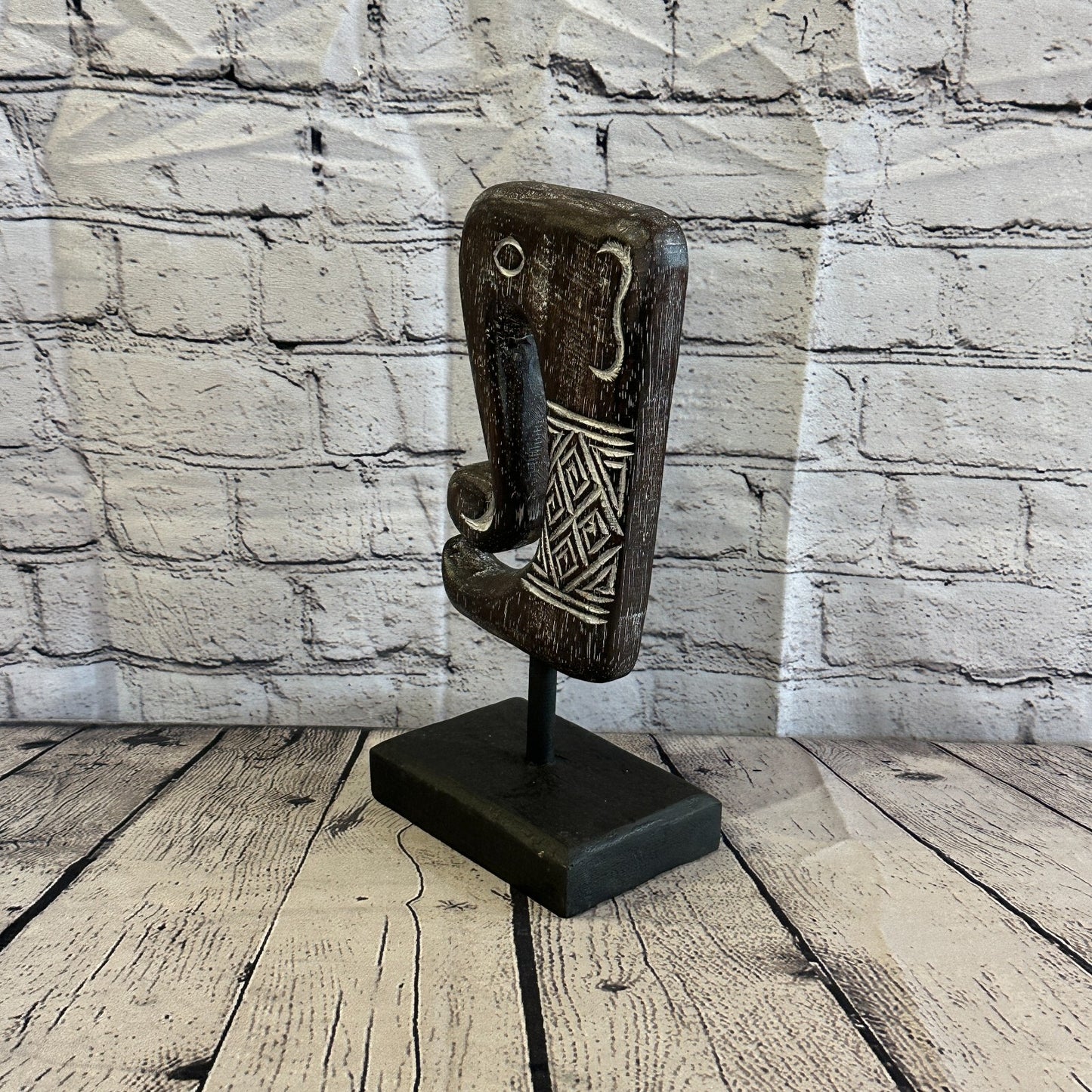 30cm x 14cm Wooden Tribal Primitive Black Elephant Head Stand Sculpture Statue