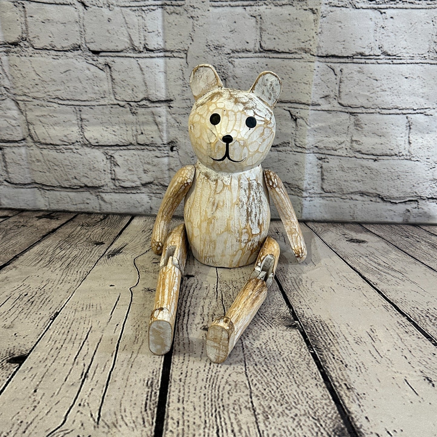22cm Shabby White Teddy Sitting Animal Wooden Shelf Ornament Handmade Fairtrade