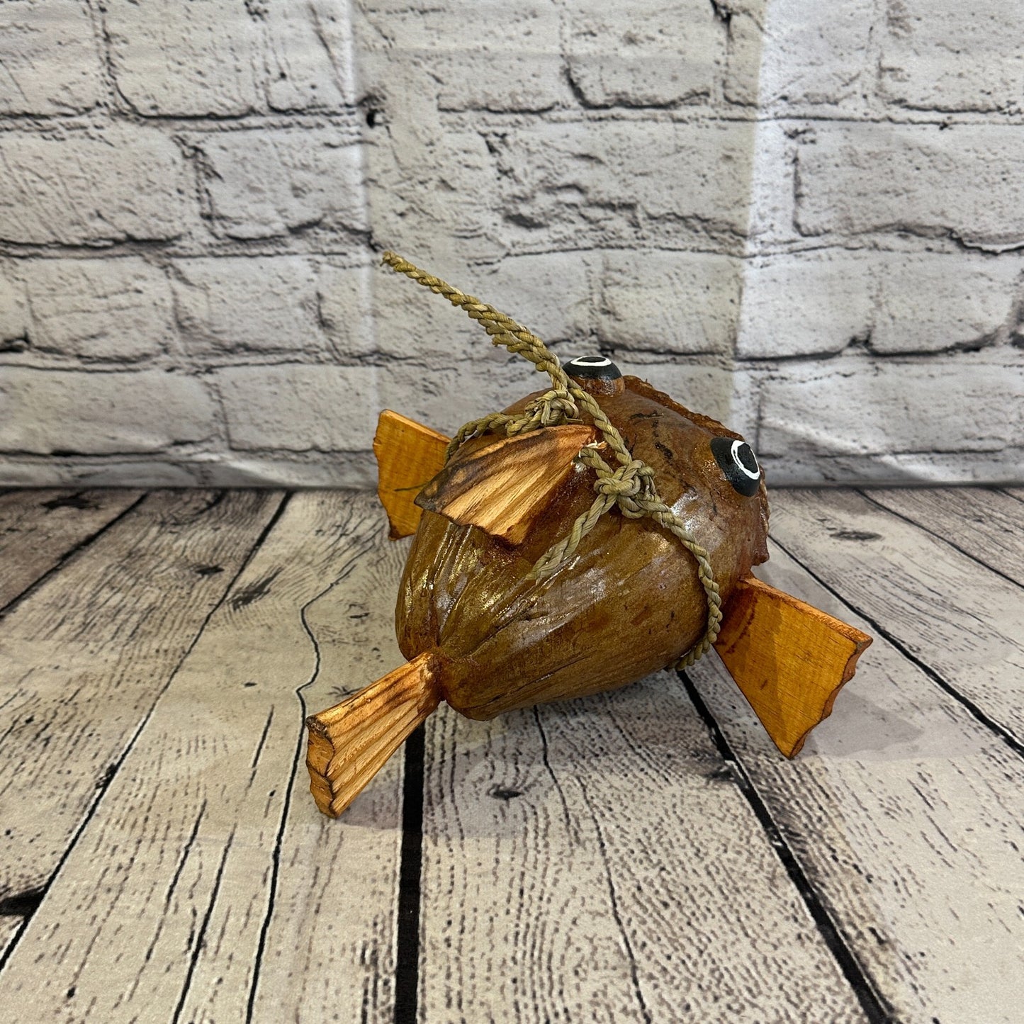 Plain Brown Folk Art Hand Painted Shark Fish Coconut Shell Ornaments Hanging